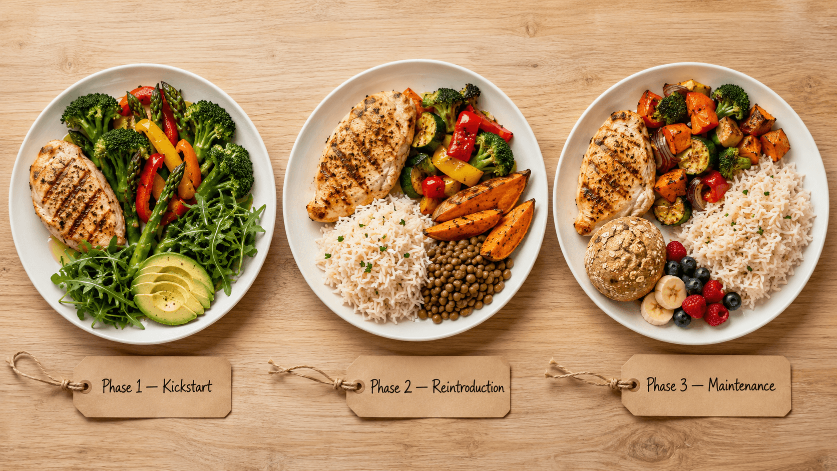 Three labelled plates representing each phase of the protocol: Phase 1 Kickstart with grilled chicken, vegetables, leafy greens, and avocado; Phase 2 Reintroduction with chicken, vegetables, white rice, lentils, and sweet potato; Phase 3 Maintenance with chicken, vegetables, rice, a wholegrain roll, and mixed fruit