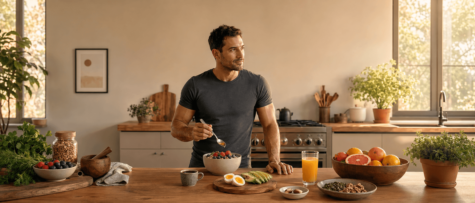 A lean, healthy man in his 30s standing at a sunlit kitchen island eating a fertility-supportive breakfast — a yoghurt and berry bowl with kiwi, an egg and a glass of fresh orange juice — embodying the central message that sperm quality is a dynamic, lifestyle-responsive output of daily decisions and not a fixed characteristic