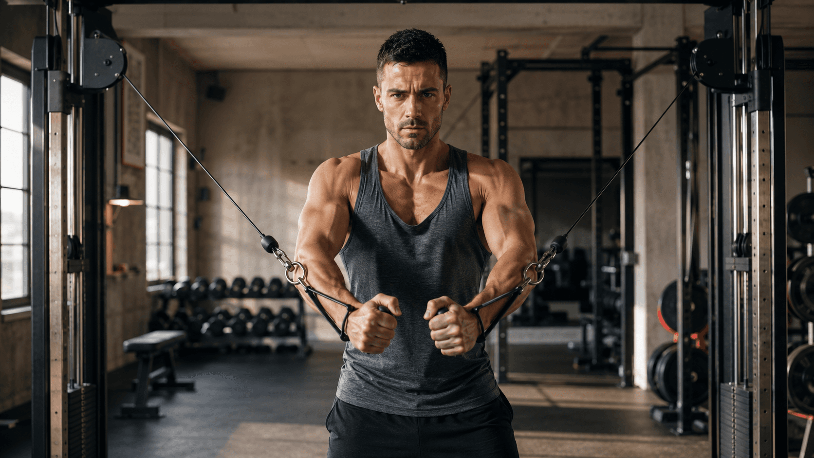 A lean, muscular man past 30 in the deep bottom of a heavy barbell back squat inside a sunlit industrial gym, barbell rack and dumbbell rack visible behind him — capturing the central body composition lever for male fertility: structured compound resistance training that reduces visceral fat, lowers aromatase activity, raises testosterone and removes the hormonal headwind acting against spermatogenesis