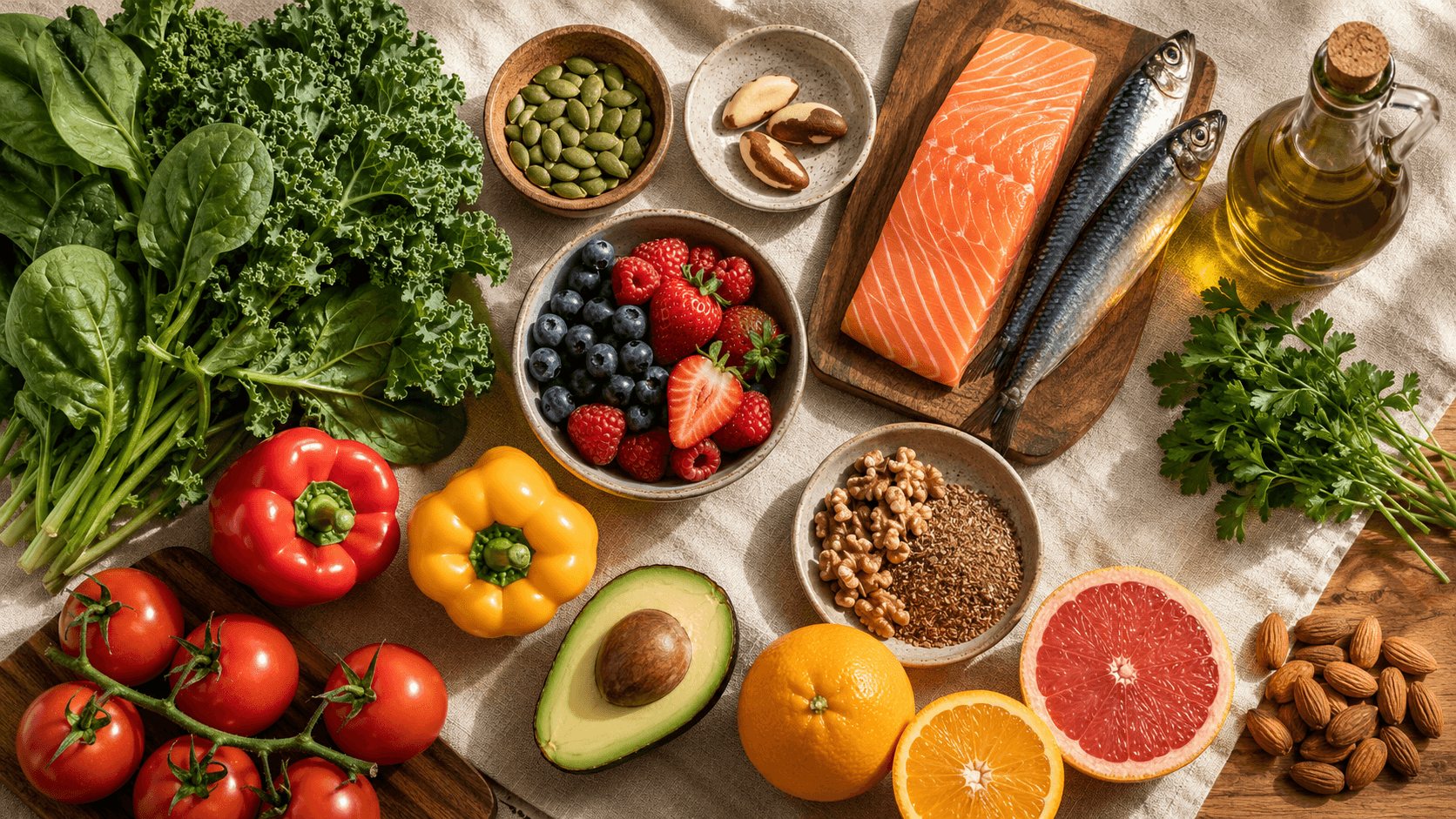 An overhead flat-lay of fertility-supportive whole foods on a linen cloth — spinach, kale and parsley for folate, pumpkin seeds for zinc, Brazil nuts for selenium, salmon and sardines for DHA, walnuts and flaxseed for plant-source omegas, peppers, tomatoes, oranges, grapefruit, strawberries and blueberries for antioxidants, almonds, avocado and extra virgin olive oil for vitamin E and healthy fats — capturing the nutrient-dense, protein-sufficient, antioxidant-rich pattern that directly supports sperm count, motility, morphology and DNA integrity