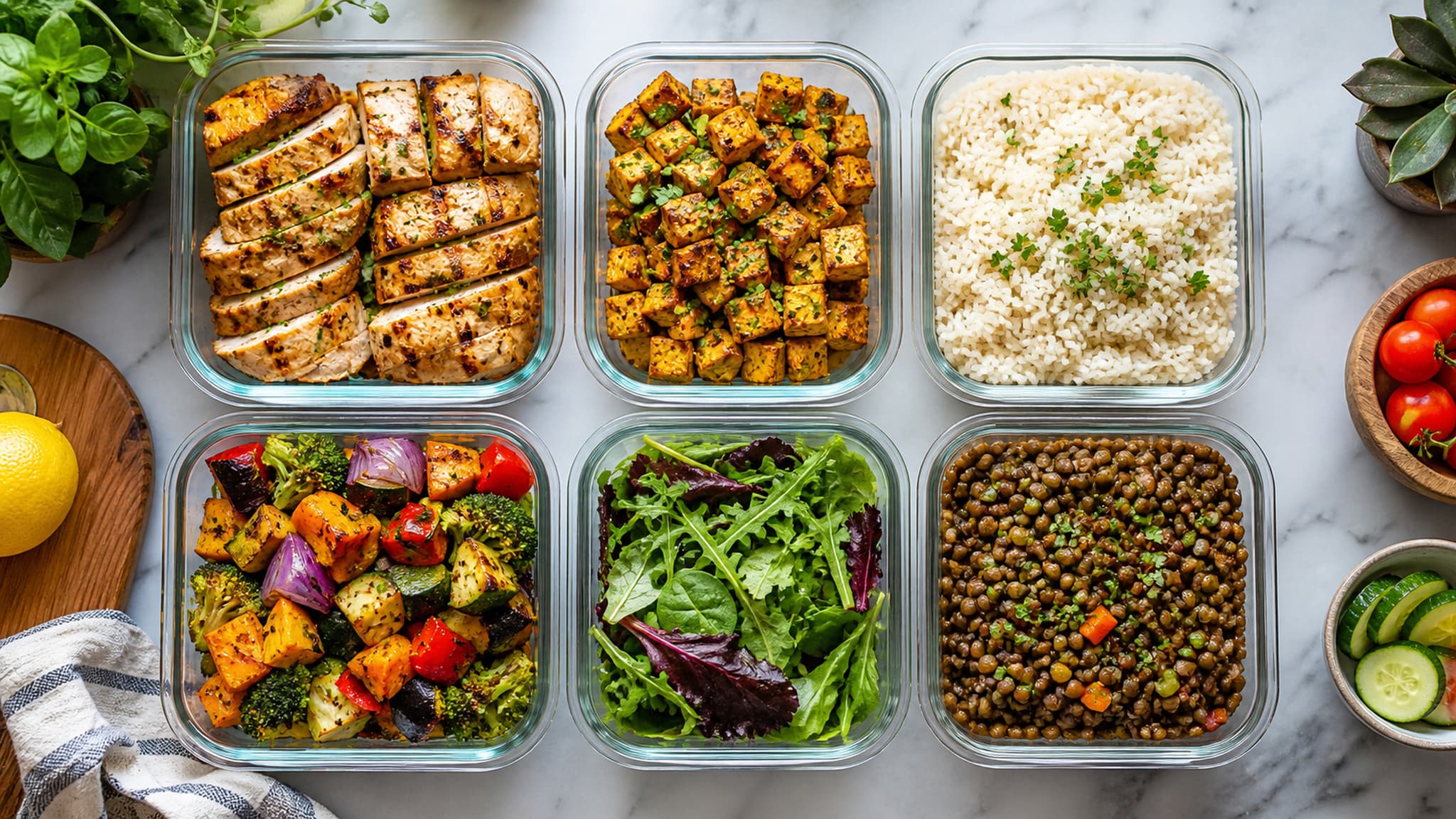 Batch-cooked meal components laid out on a kitchen counter — grilled chicken, baked tofu, cooked rice, roasted vegetables, and lentils — ready to mix and match throughout the week