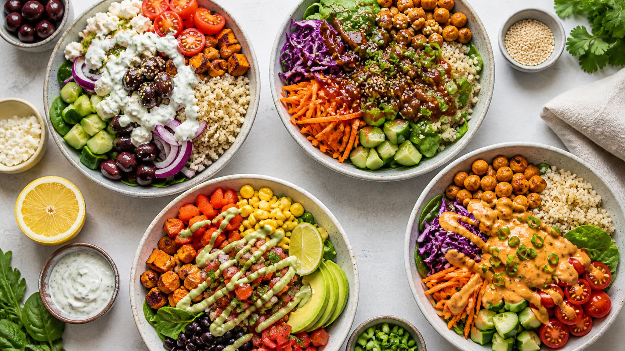 Different assembled meals built from the same base components — showing how sauces and seasonings like sriracha, tzatziki, and pesto create variety without additional cooking