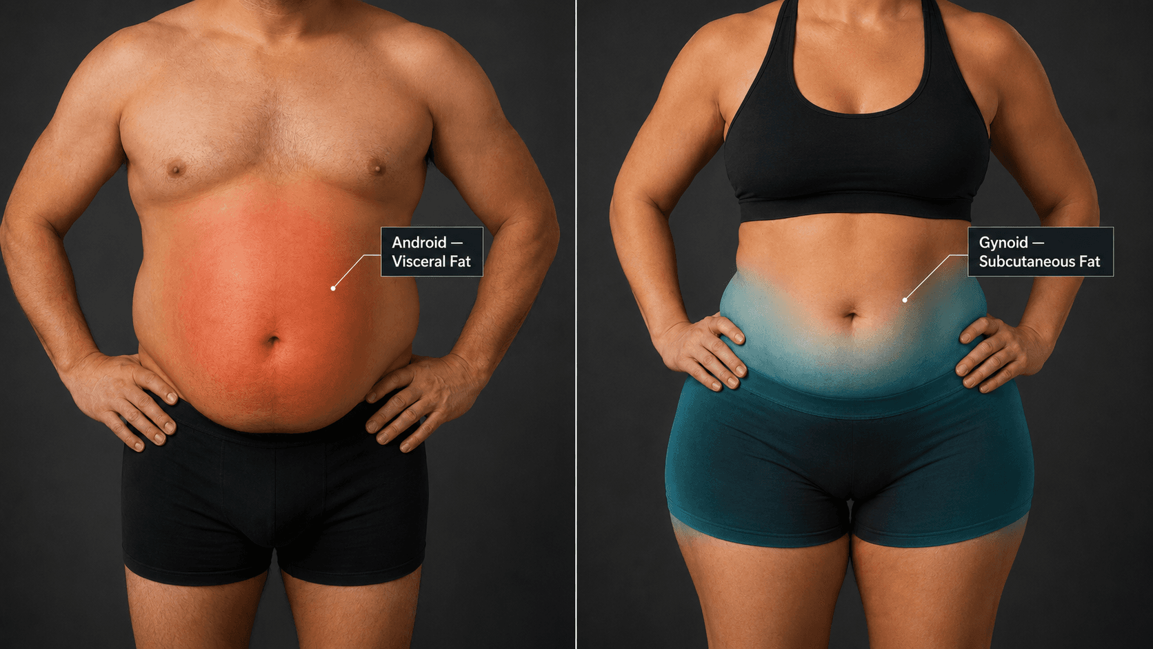 Male and female body silhouettes with colour-coded regions showing where each sex typically stores fat