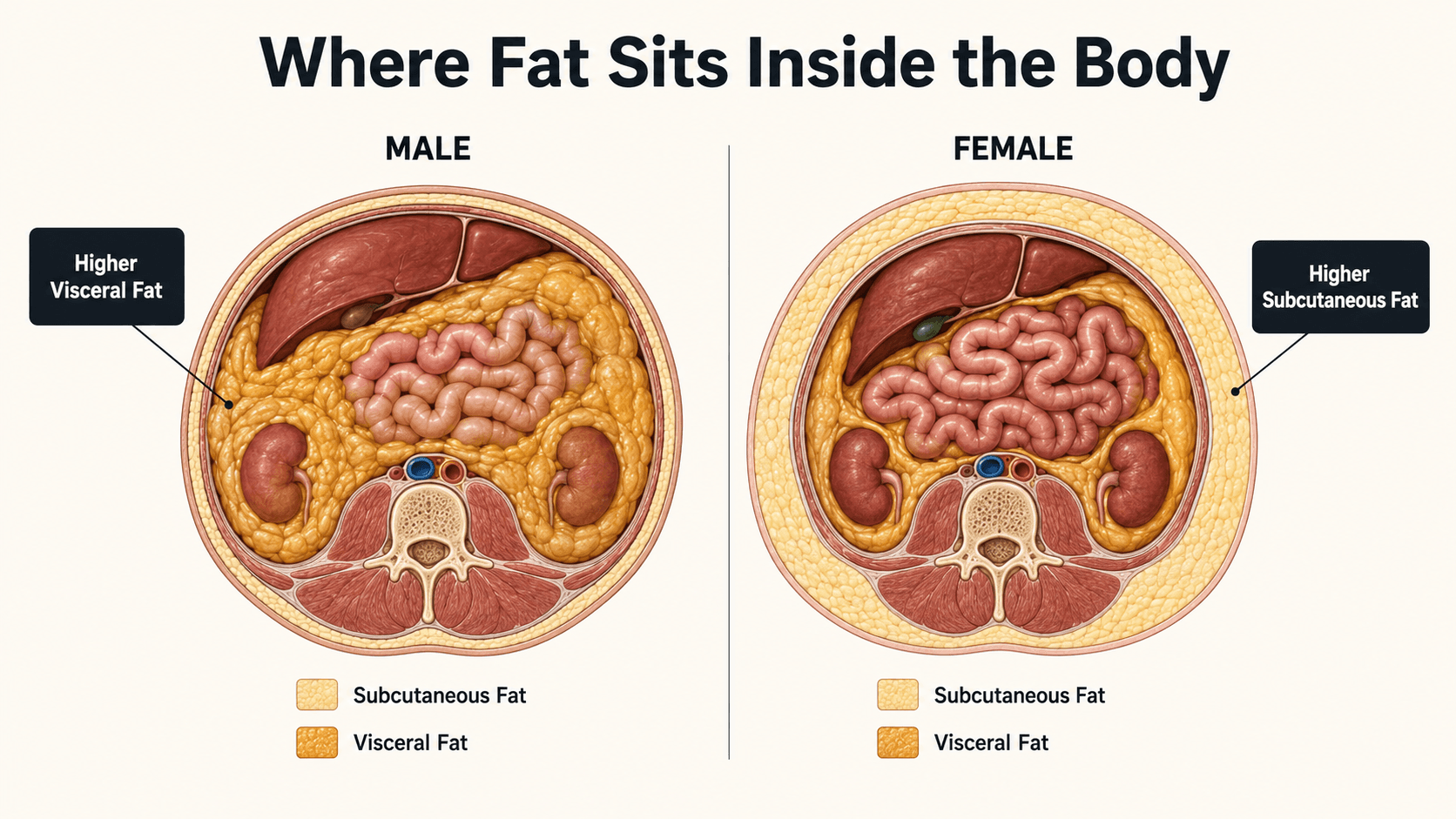 Male and female body silhouettes showing android abdominal fat distribution in men versus gynoid hip and thigh fat distribution in women