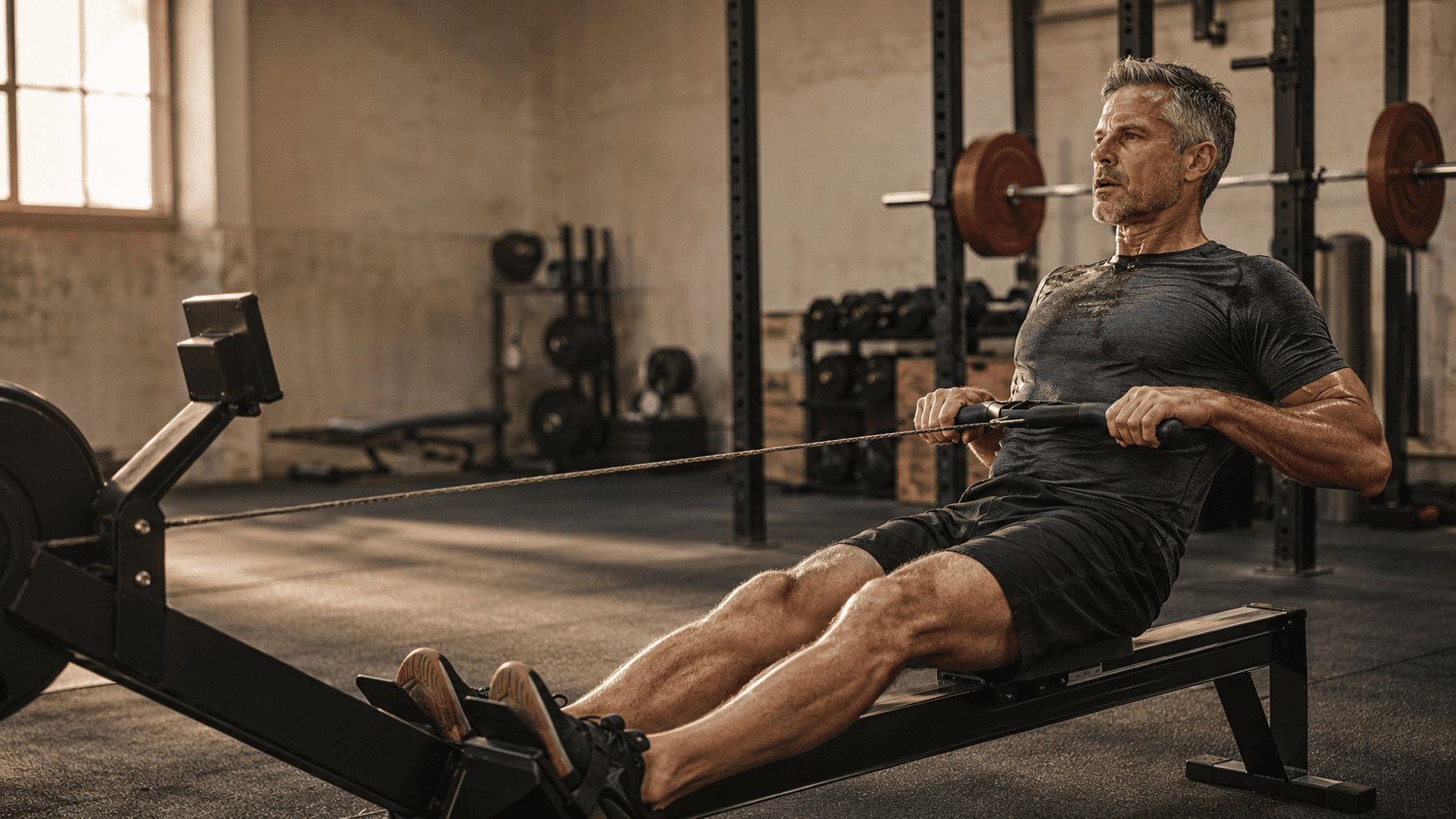 A lean, silver-haired man past 40 mid-pull on a heavy rowing machine in a sunlit industrial gym, barbell rack and dumbbell rack visible behind him — illustrating the cardioprotective combination of resistance training and aerobic conditioning that lowers resting heart rate, raises HDL, reduces triglycerides and improves arterial function