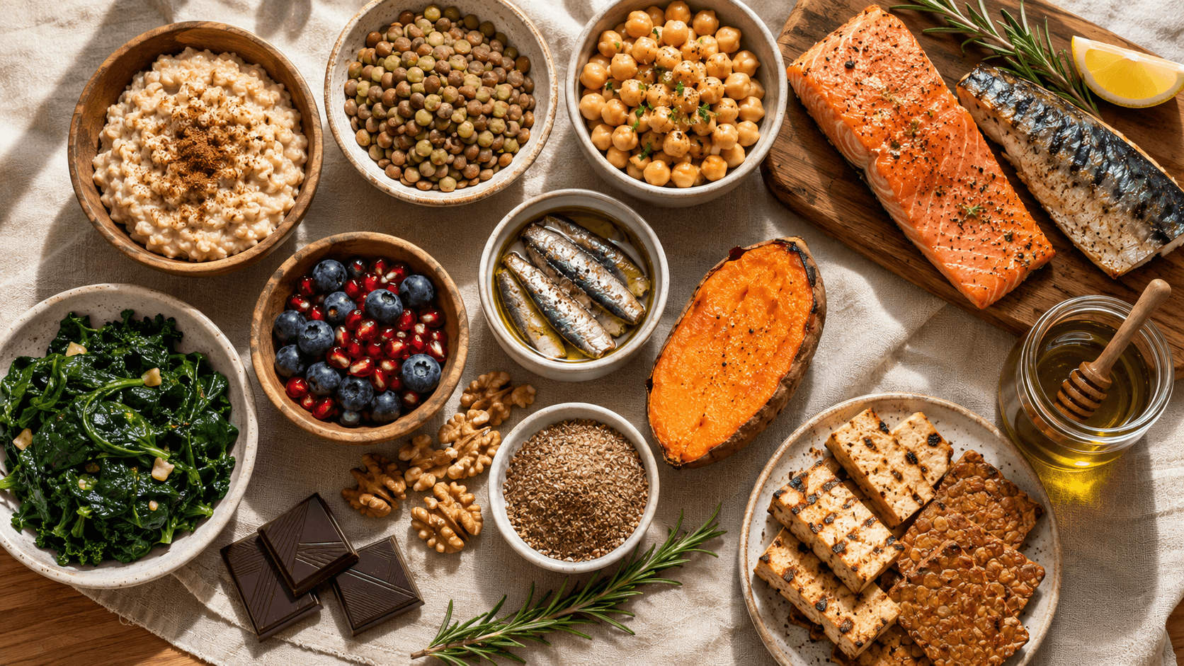 An overhead flat-lay of heart-protective foods on a linen cloth — a bowl of porridge oats, lentils and chickpeas, blueberries and pomegranate seeds, sardines, walnuts and hemp seeds, sautéed kale, roasted sweet potato, salmon and mackerel fillets, dark chocolate, grilled tempeh, extra virgin olive oil and honey — illustrating that LDL, blood pressure, triglycerides and arterial protection respond to a fibre-, omega-3- and potassium-rich whole-food pattern, not a specific macronutrient ratio