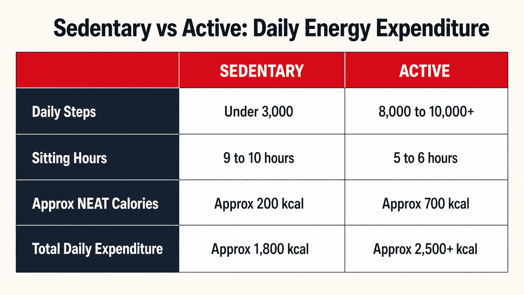 Side-by-side comparison of daily energy expenditure between a sedentary desk worker and an active individual, highlighting how NEAT accounts for most of the gap between them