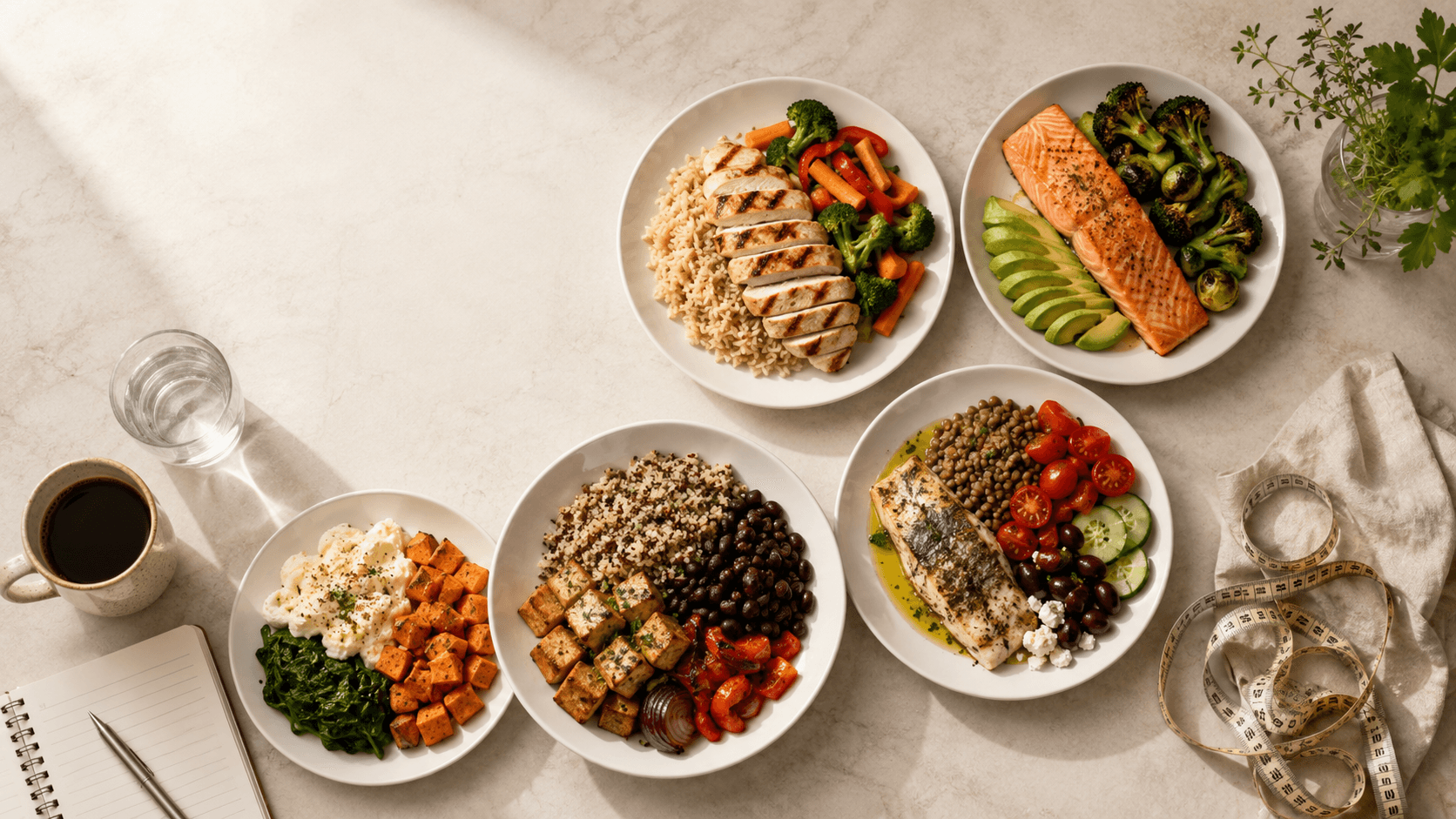 An overhead flat lay on a light marble surface showing distinctly different meal plates representing different dietary approaches to fat loss