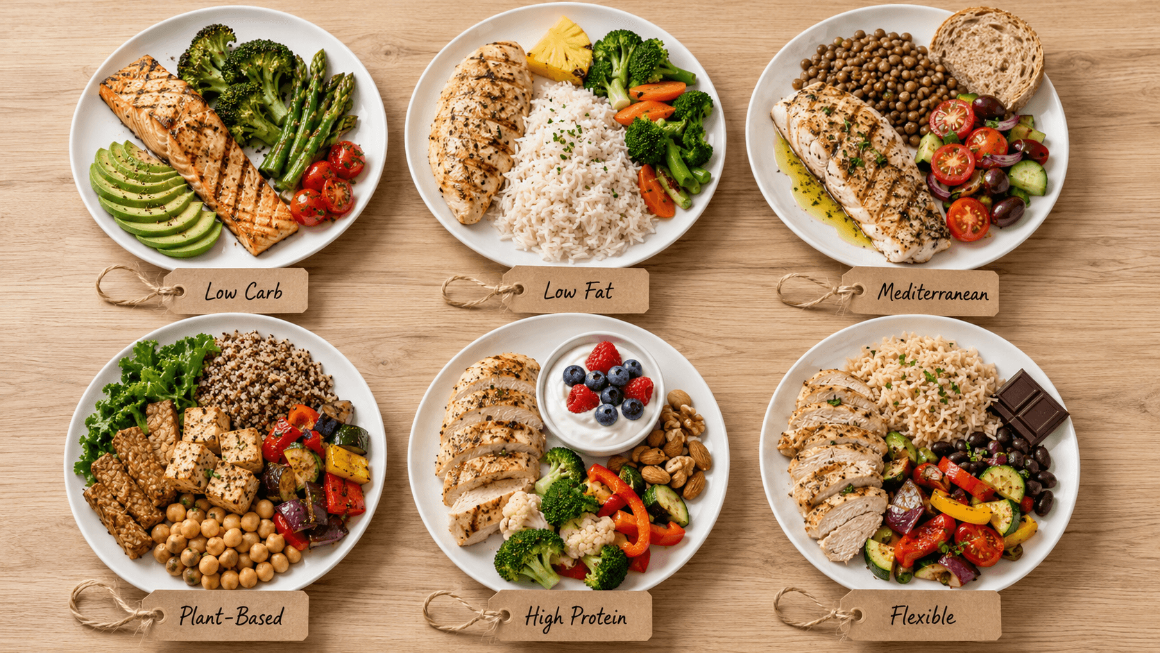 Different dietary approaches laid out side by side, all equally valid for fat loss