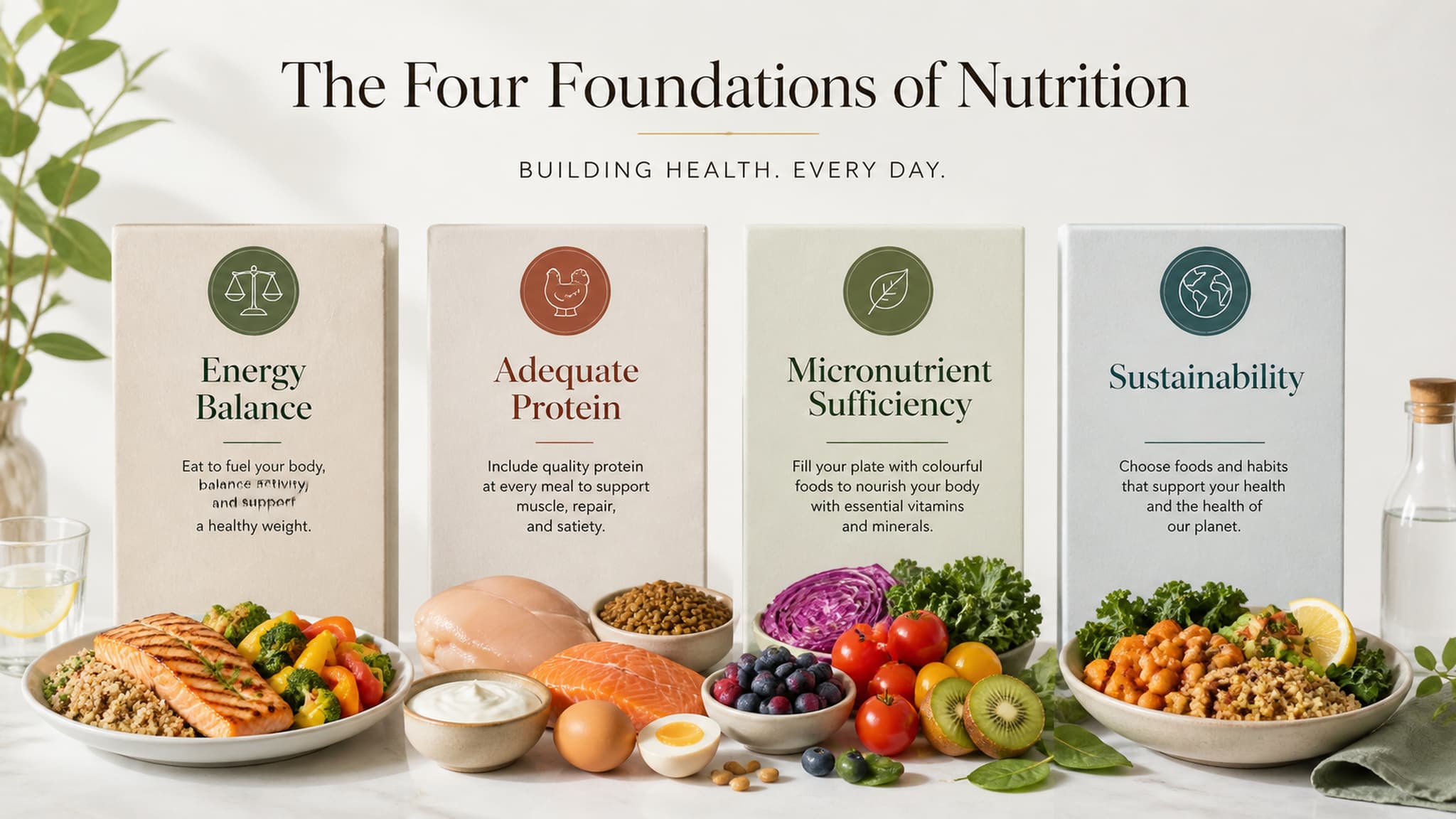 A balanced plate representing the non-negotiable nutrition fundamentals — energy balance, adequate protein, micronutrient sufficiency, and sustainability