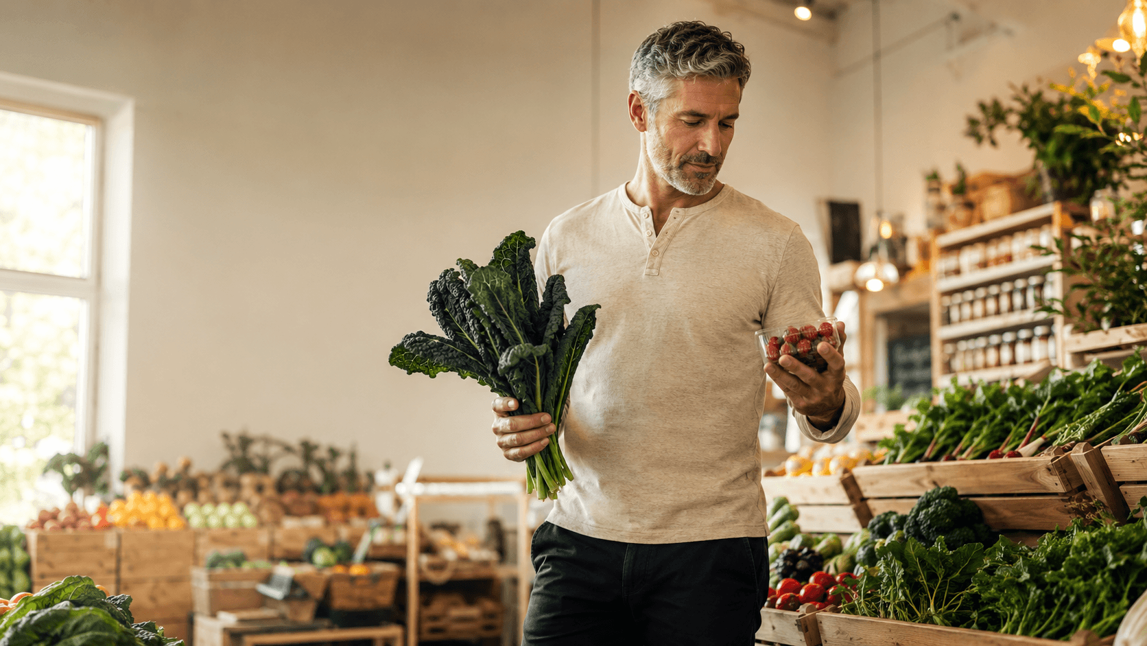 A man over 40 shopping at a fresh produce market, holding a bunch of kale and inspecting tomatoes, embodying the food-first approach to addressing the most common nutrient deficiencies after 40