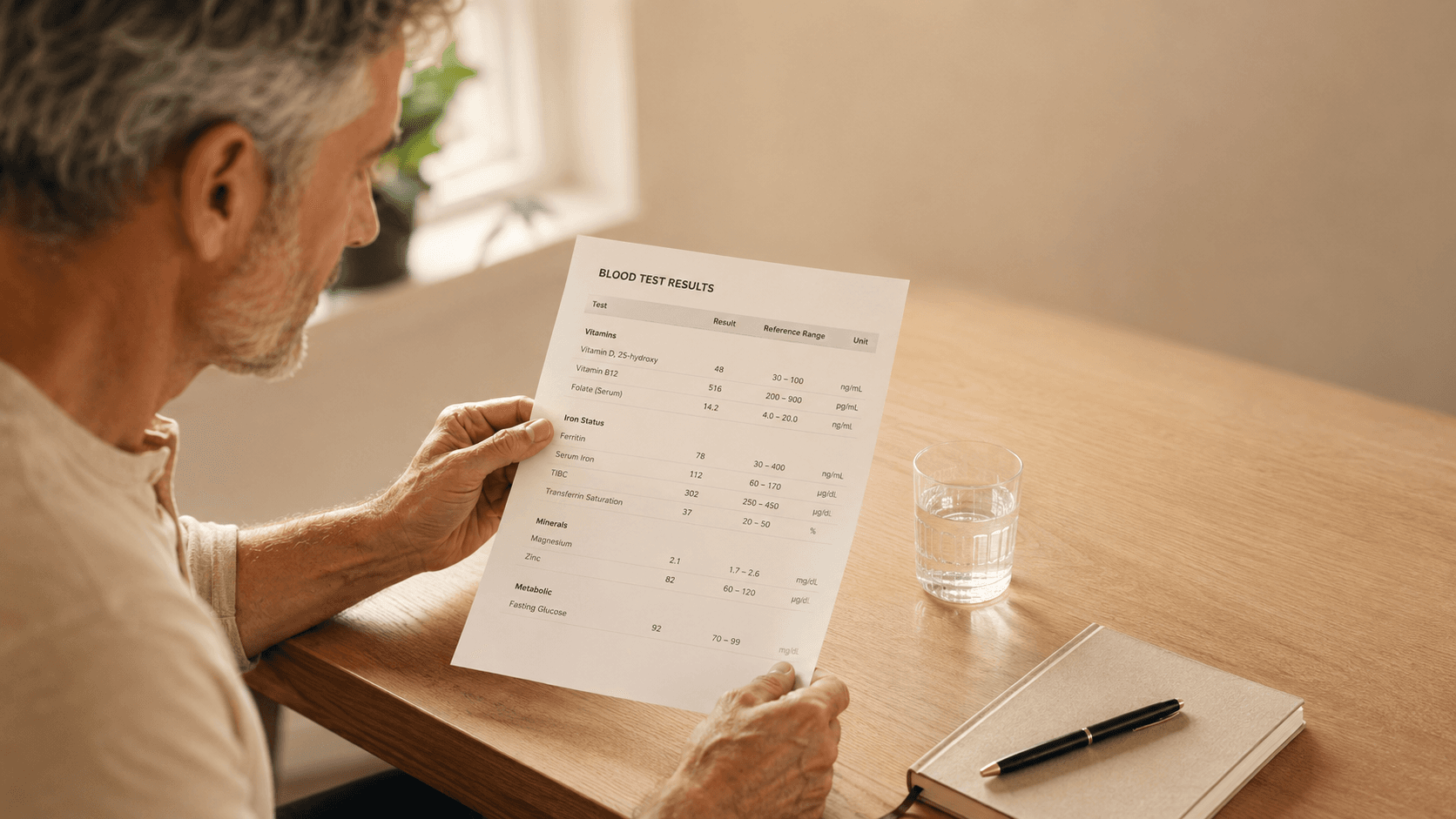 A man over 40 sitting at a desk reading a printed blood test results sheet with vitamin and mineral markers, illustrating the measurable, clinical reality of nutrient deficiencies that show up in blood work as we age