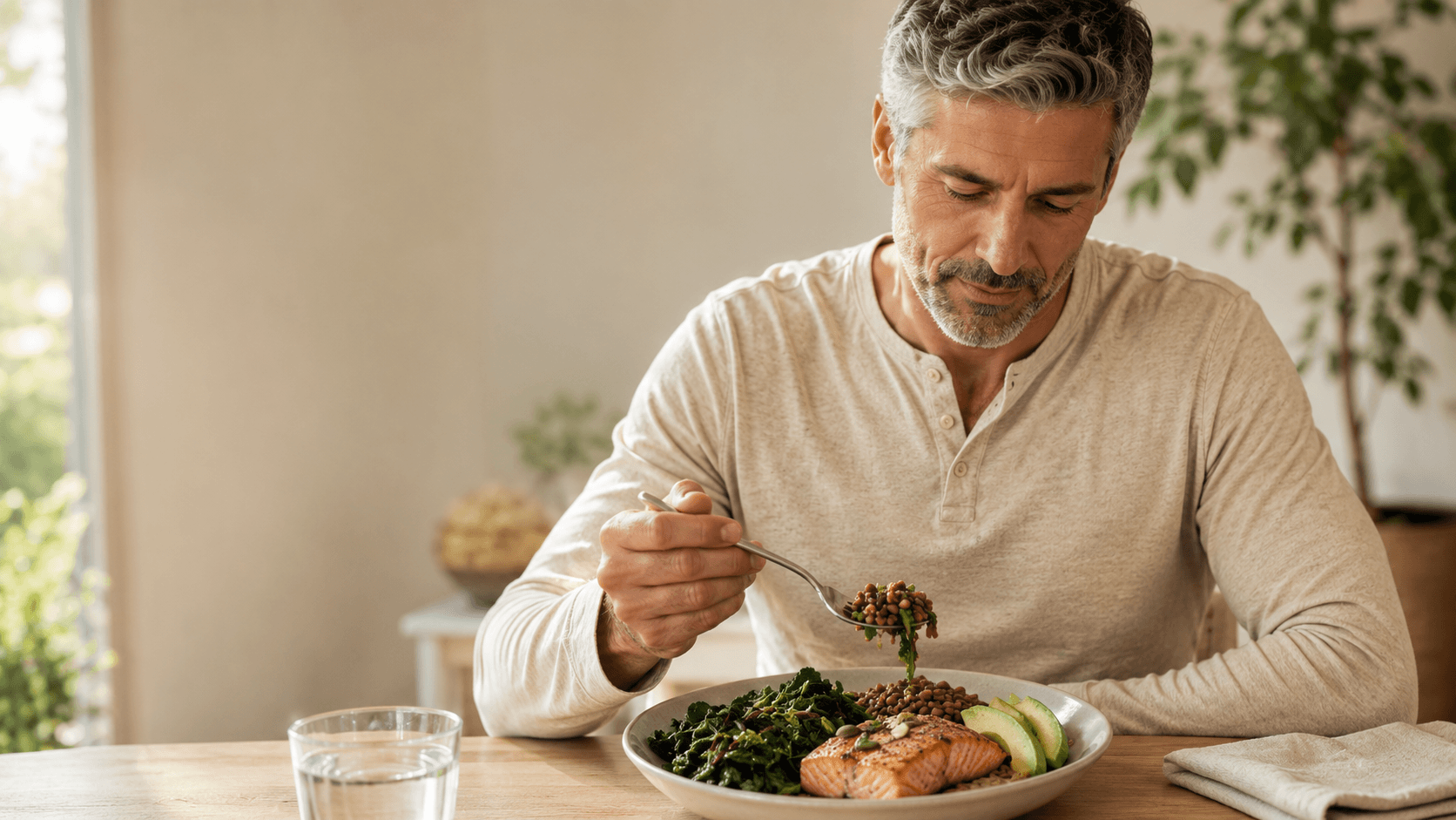 A man over 40 eating a B12-and-nutrient-rich plate of salmon, lentils, sauteed greens and avocado at a sunlit kitchen table, embodying the food-first approach to closing the B12 and broader nutrient gaps that develop with age