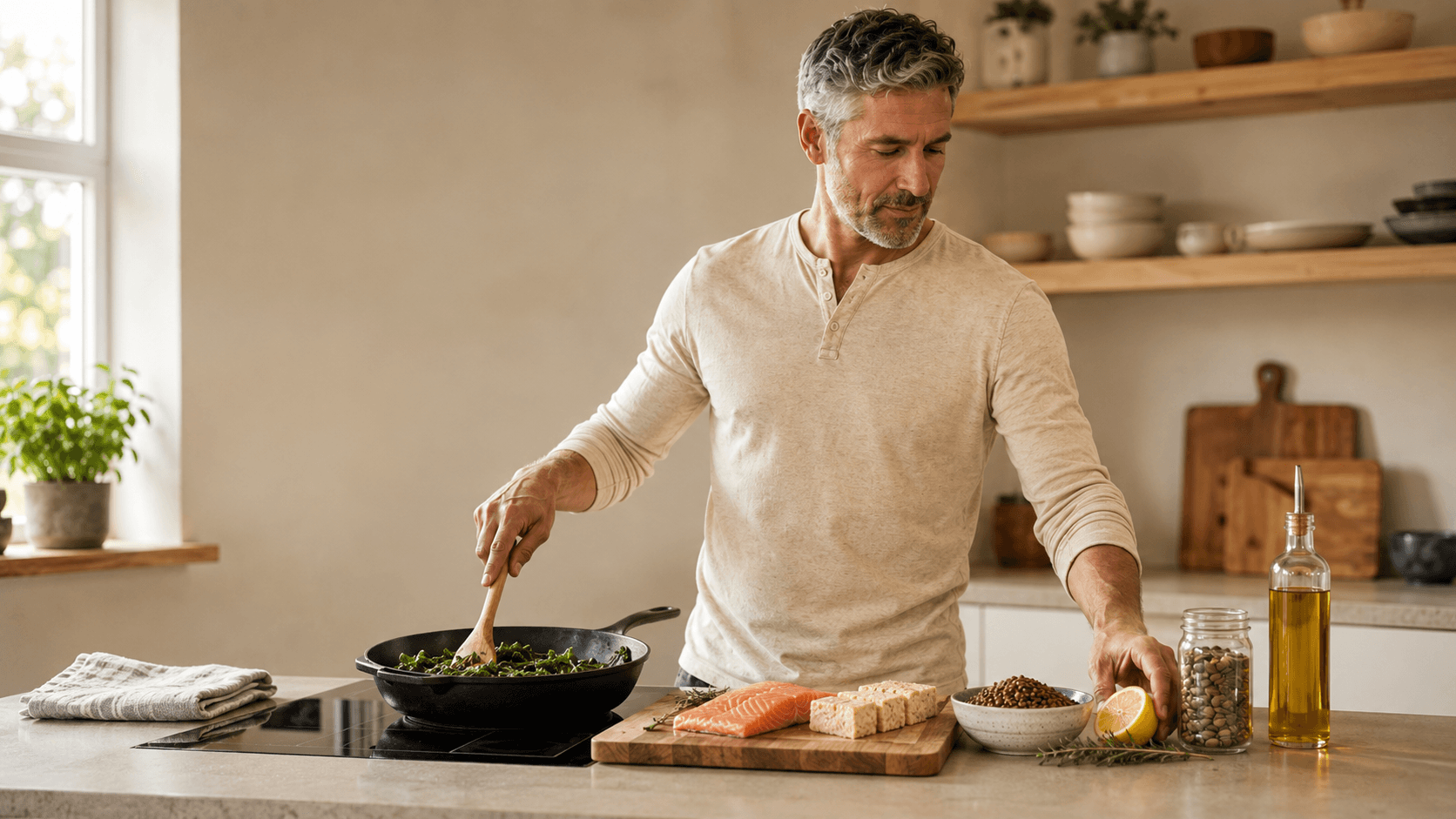 A man over 40 cooking in a bright kitchen, sauteing greens in a pan with salmon, tofu, capers, olive oil and herbs on the counter, embodying the daily food-first checklist that closes the most common nutrient gaps after 40
