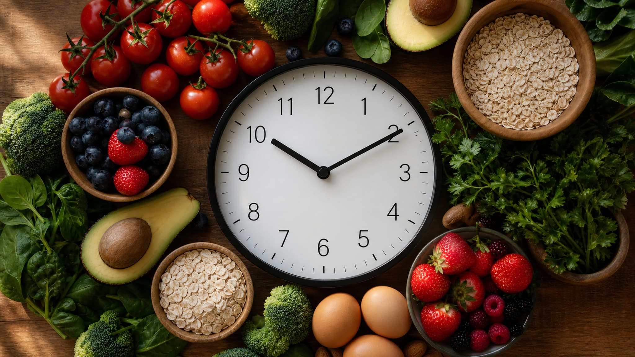 Clock surrounded by fresh vegetables representing the science of meal timing and its limited impact on fat loss