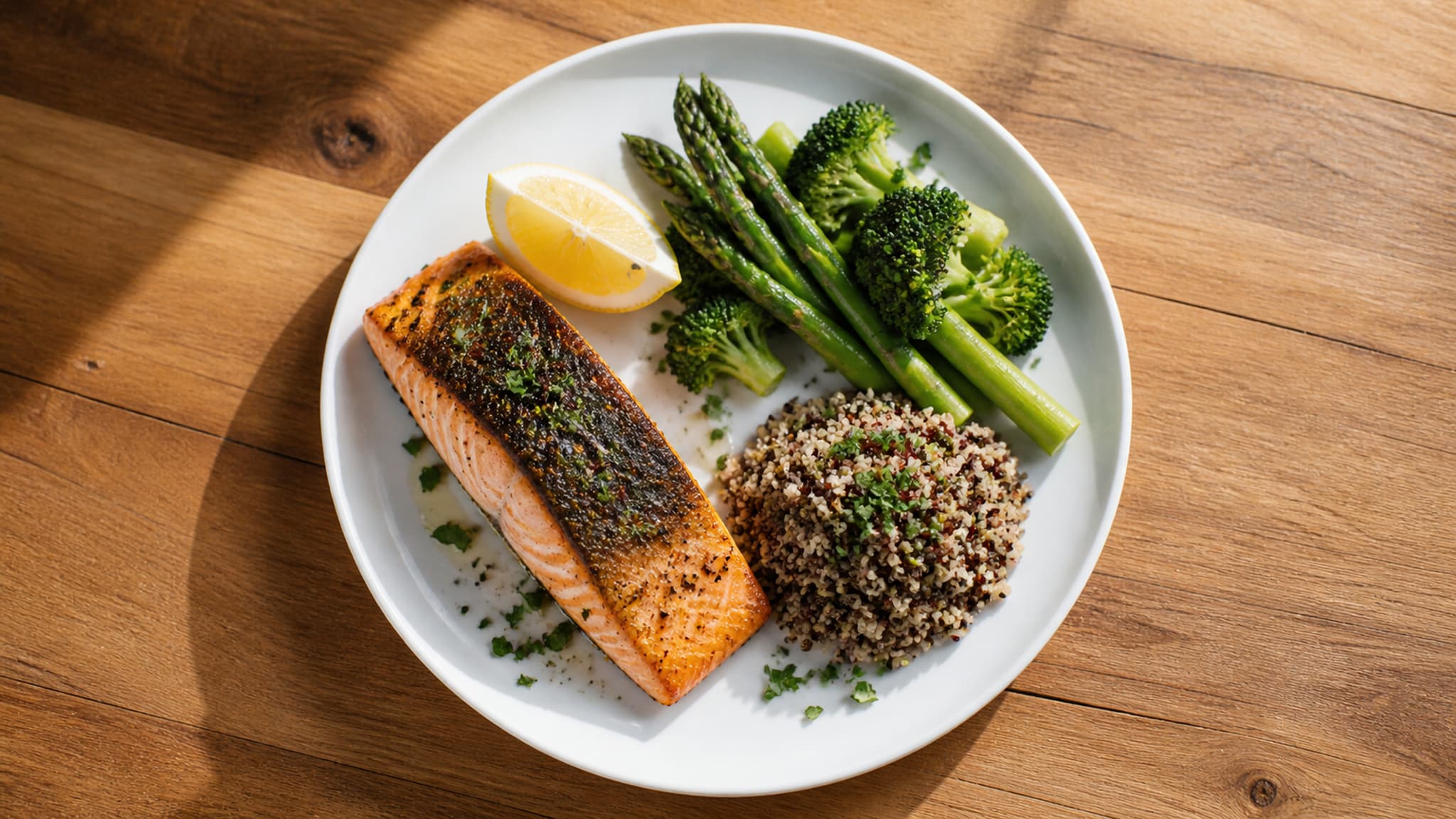 Balanced plate with grilled fish and vegetables illustrating a high-protein meal hitting the 1.6 to 2.2g per kg daily target