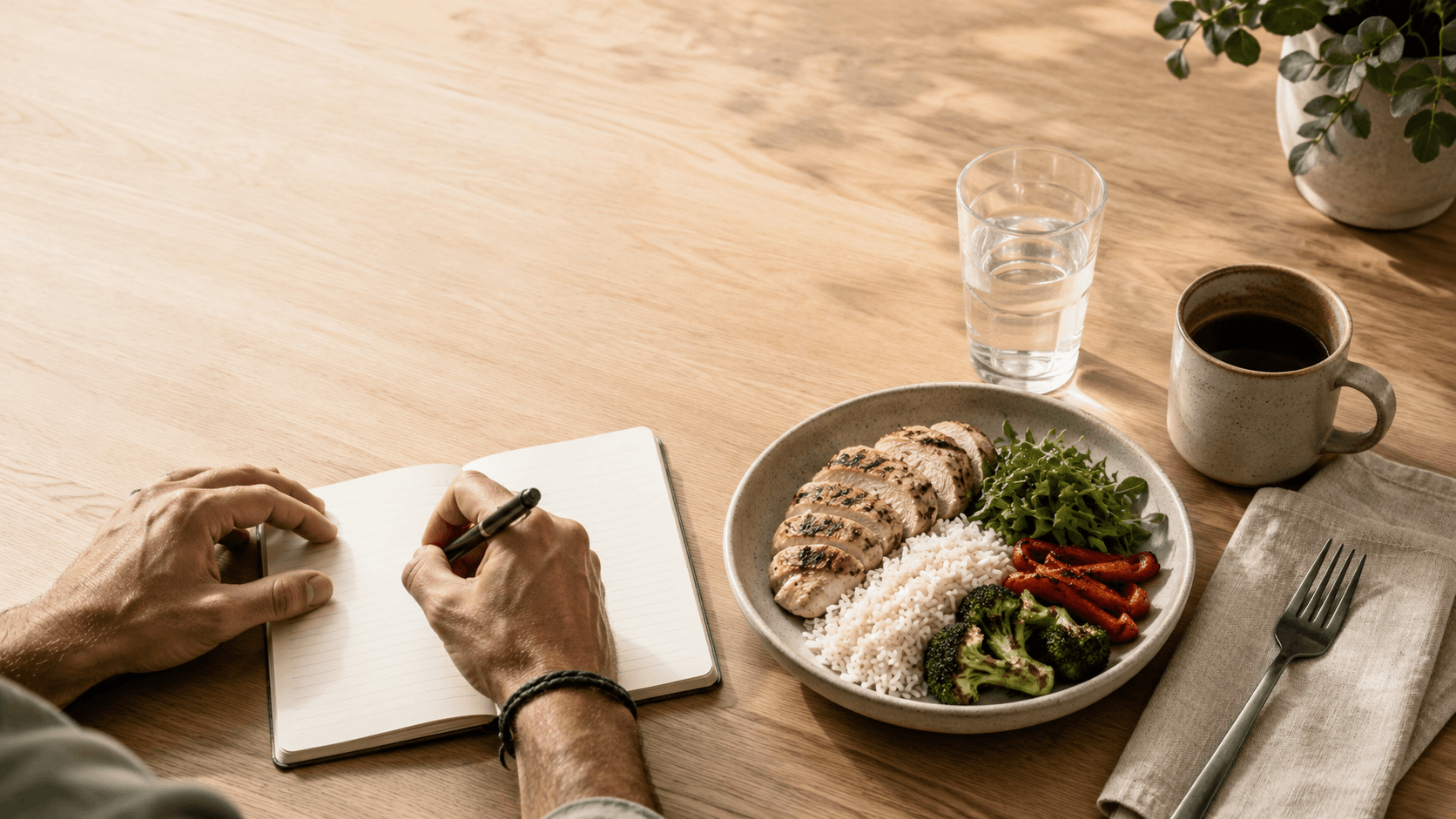 Hands writing in a notebook beside a balanced fat loss meal of sliced chicken breast, rice, and greens, with a glass of water and a cup of black coffee on a wooden table