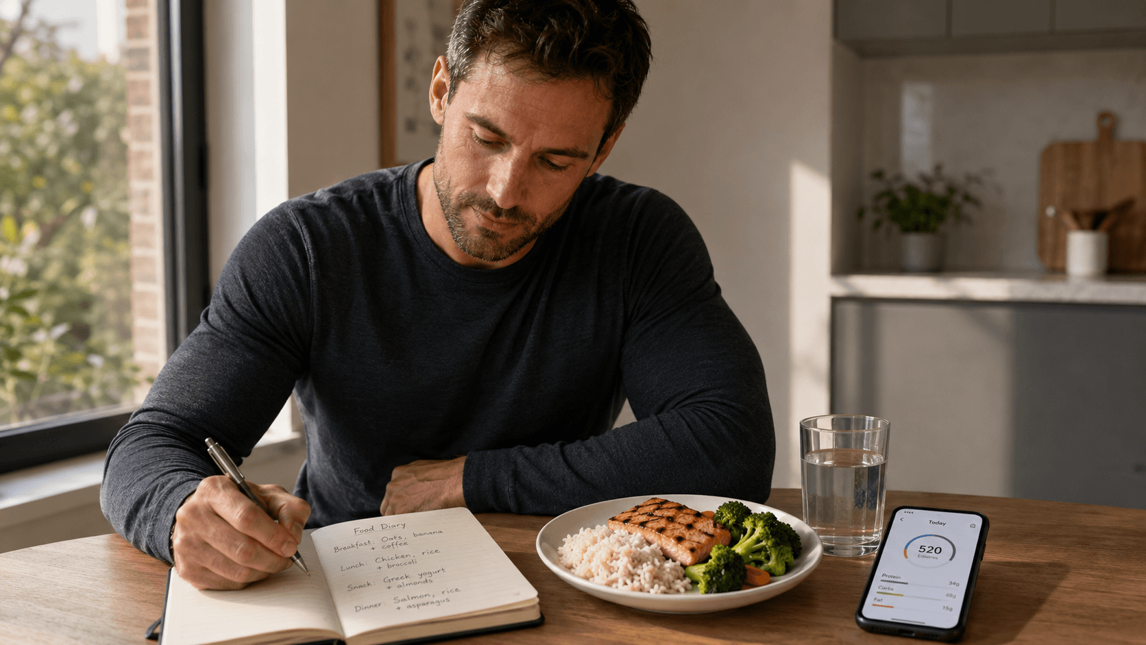 A focused man tracking his meals in a notebook beside a simple balanced plate of grilled salmon, rice, and broccoli, with a calorie tracking app showing 520 kcal on his phone