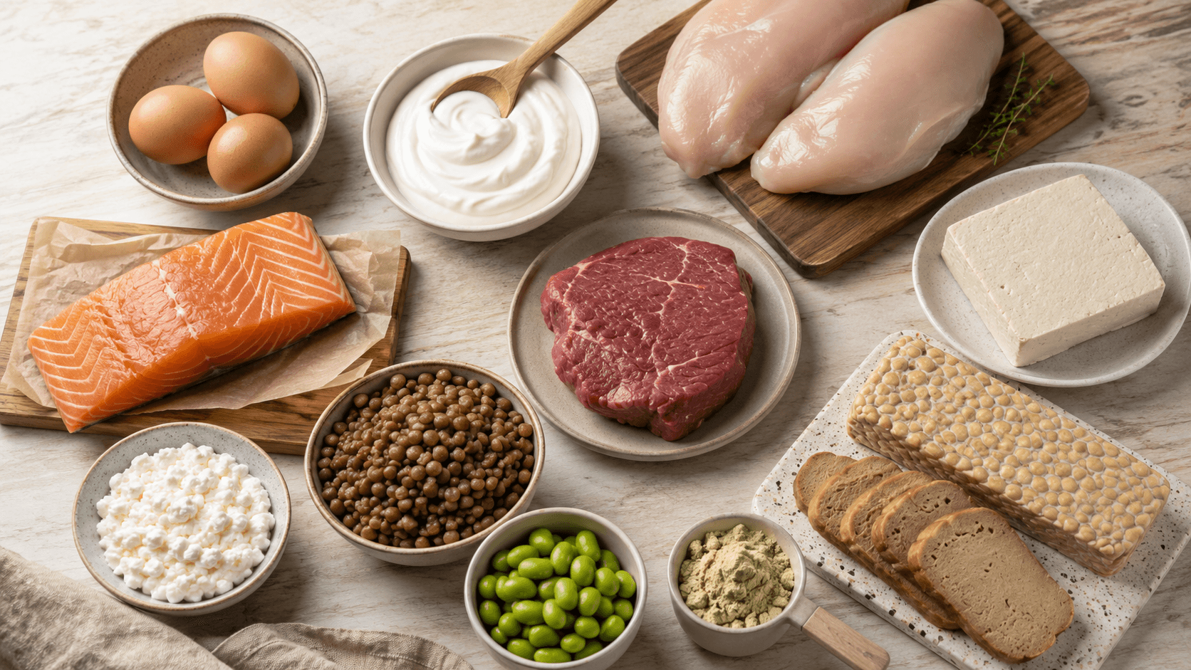 A spread of high-protein foods covering omnivore, vegetarian, and vegan options: salmon, chicken breasts, lean steak, eggs, Greek yoghurt, cottage cheese, tofu, edamame, lentils, seitan, and a scoop of protein powder