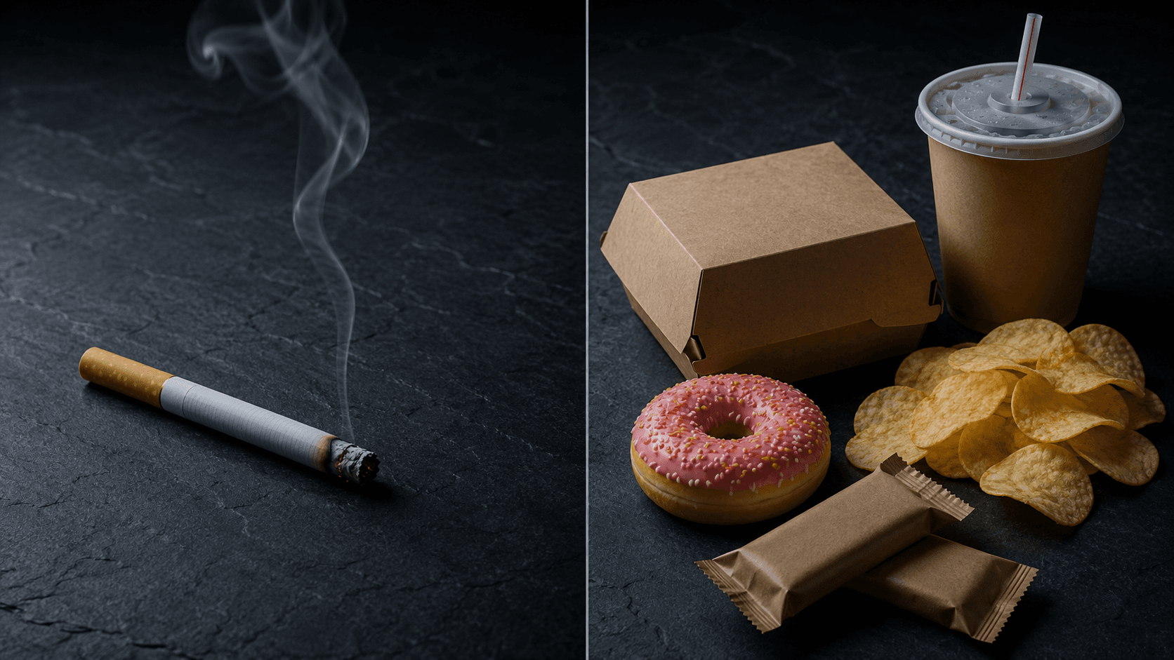 A powerful visual split comparing cigarettes with ultra-processed junk food, conveying equal severity