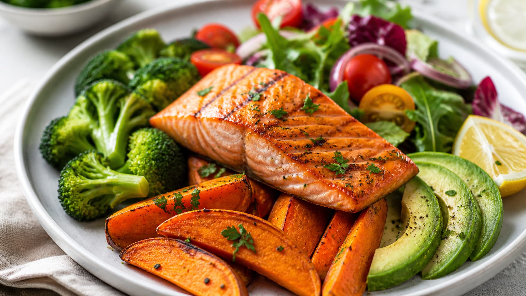 Grilled salmon on roasted sweet potato with steamed broccoli — a high-protein, paleo-friendly meal demonstrating the approach's emphasis on whole food nutrition