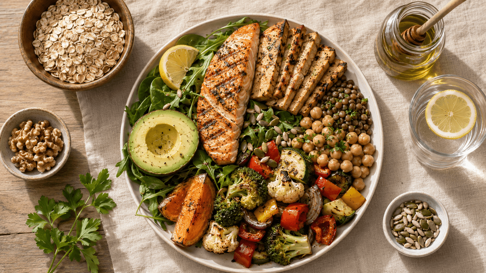 A PCOS-friendly plate built around a substantial protein source with whole food carbohydrates such as oats, lentils or sweet potato, non-starchy vegetables, and quality fats from olive oil, avocado and nuts, illustrating the low glycaemic load nutritional pattern that stabilises blood glucose and reduces insulin demand