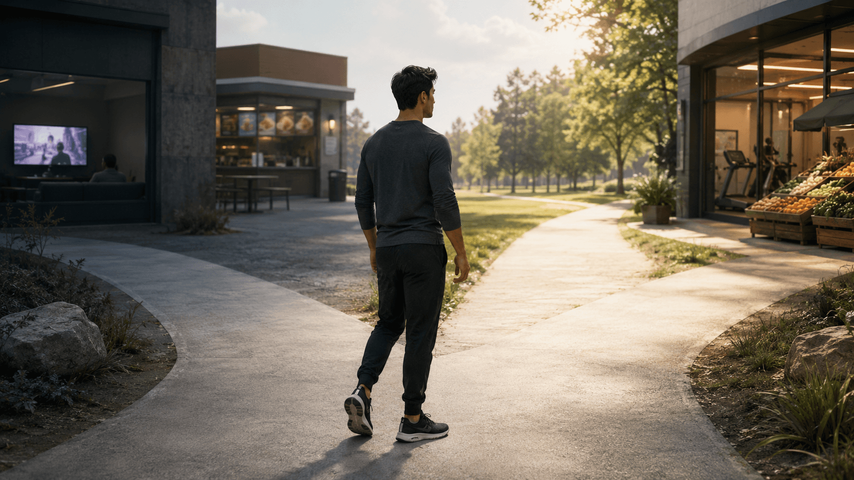 A person standing at a crossroads, one direction leading towards fast food and a sofa, the other towards a gym and fresh produce