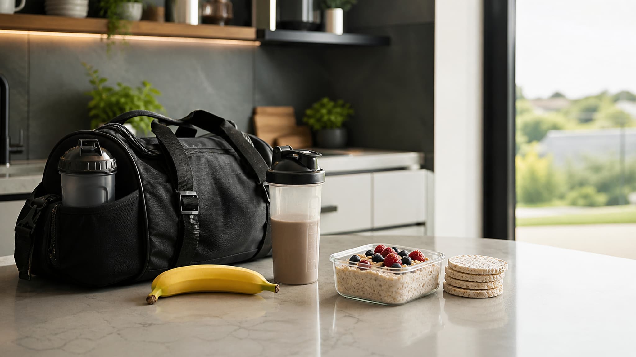 A gym bag on a kitchen counter next to a prepared pre-workout meal with a banana, protein shaker, and oats — conveying preparation and intention
