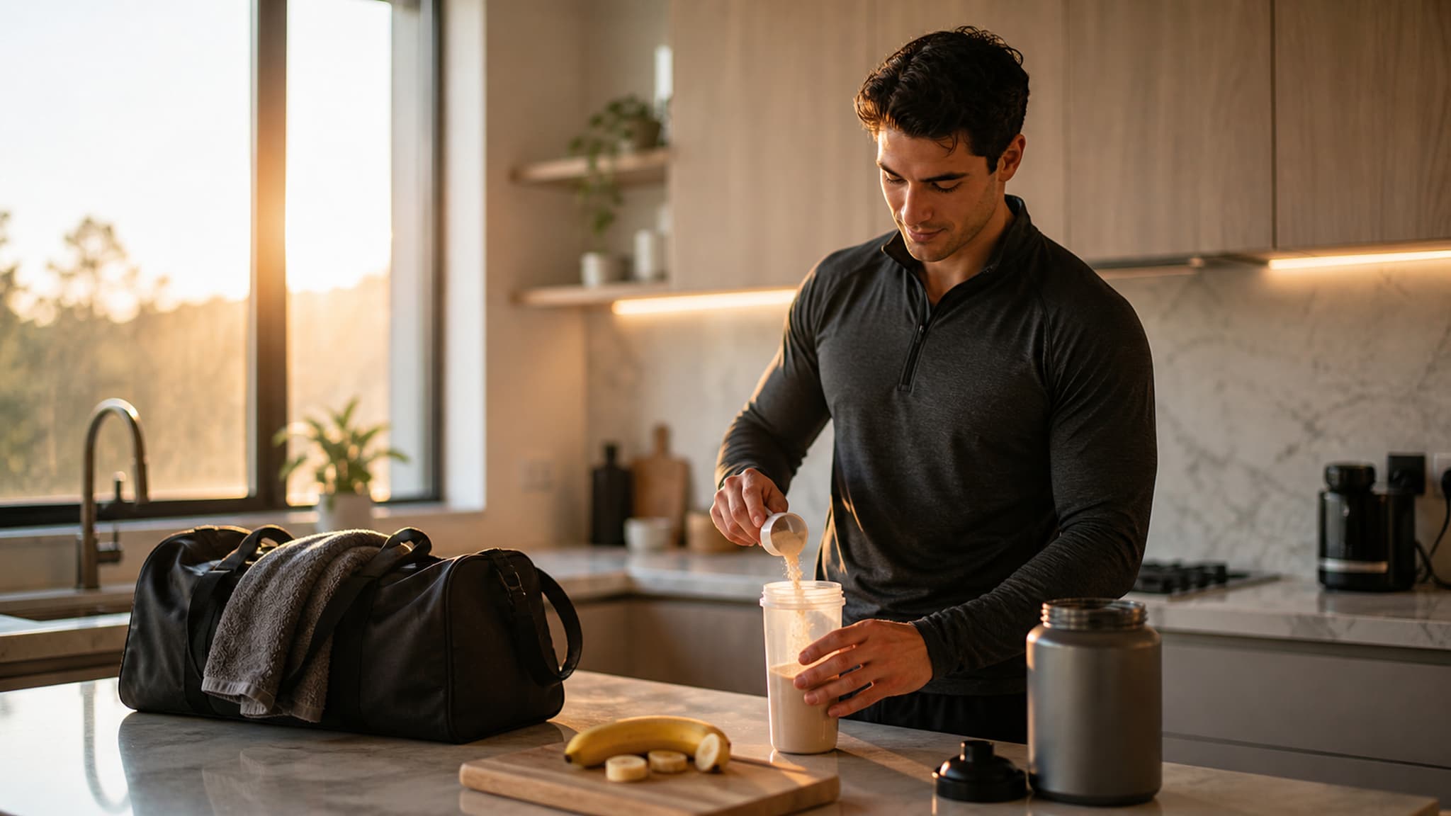 An early morning kitchen scene with soft dawn light — a small pre-workout snack prepared and ready beside a water bottle before a morning training session