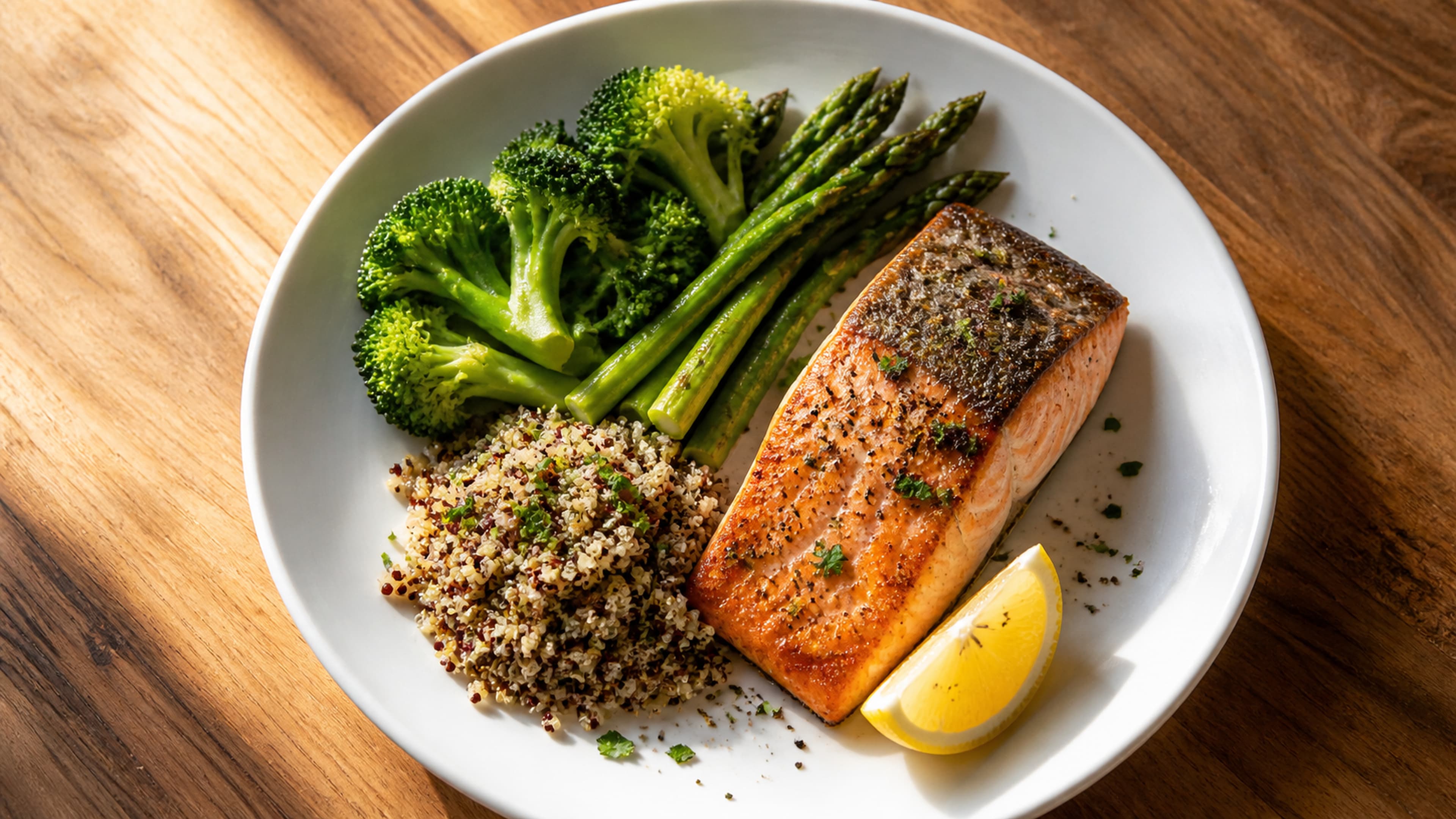 Balanced plate with grilled fish and vegetables representing high-quality whole-food protein sources