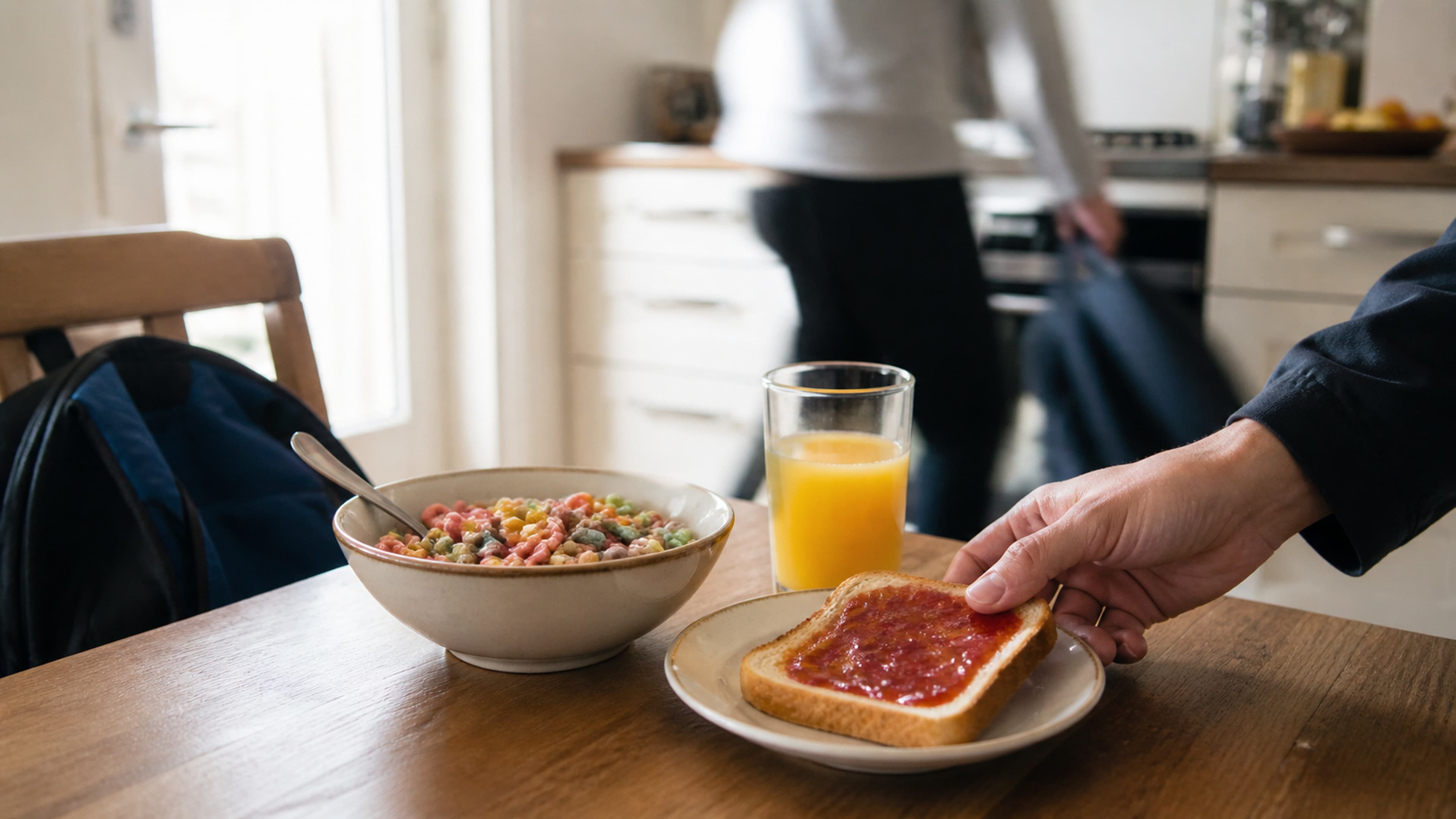 A typical low-protein breakfast of cereal with milk