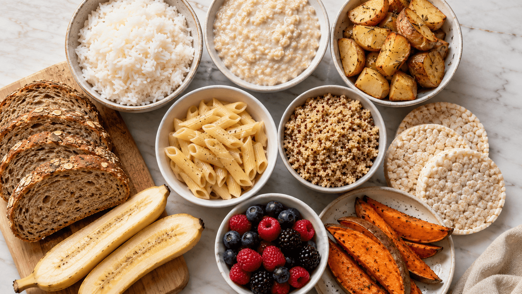 Overhead shot of high carbohydrate foods arranged on a clean table with bowls of rice, oats, fruit, potatoes, bread, and pasta