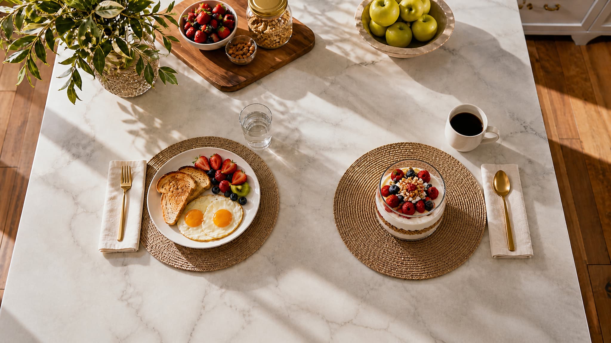 A kitchen table set for breakfast with a plate of eggs, toast, and fruit on one side and an empty plate with just a cup of black coffee on the other