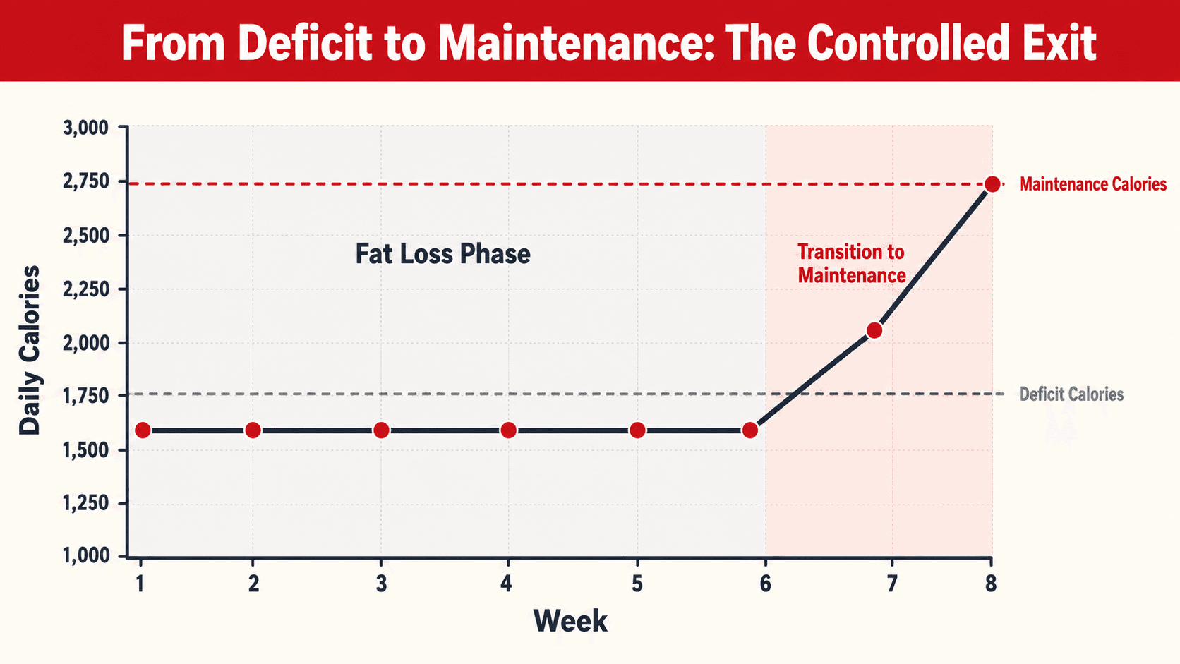 Calorie graph showing the controlled exit from a fat loss phase: deficit calories held flat through weeks 1 to 6, then a gradual rise back to maintenance calories across weeks 7 and 8