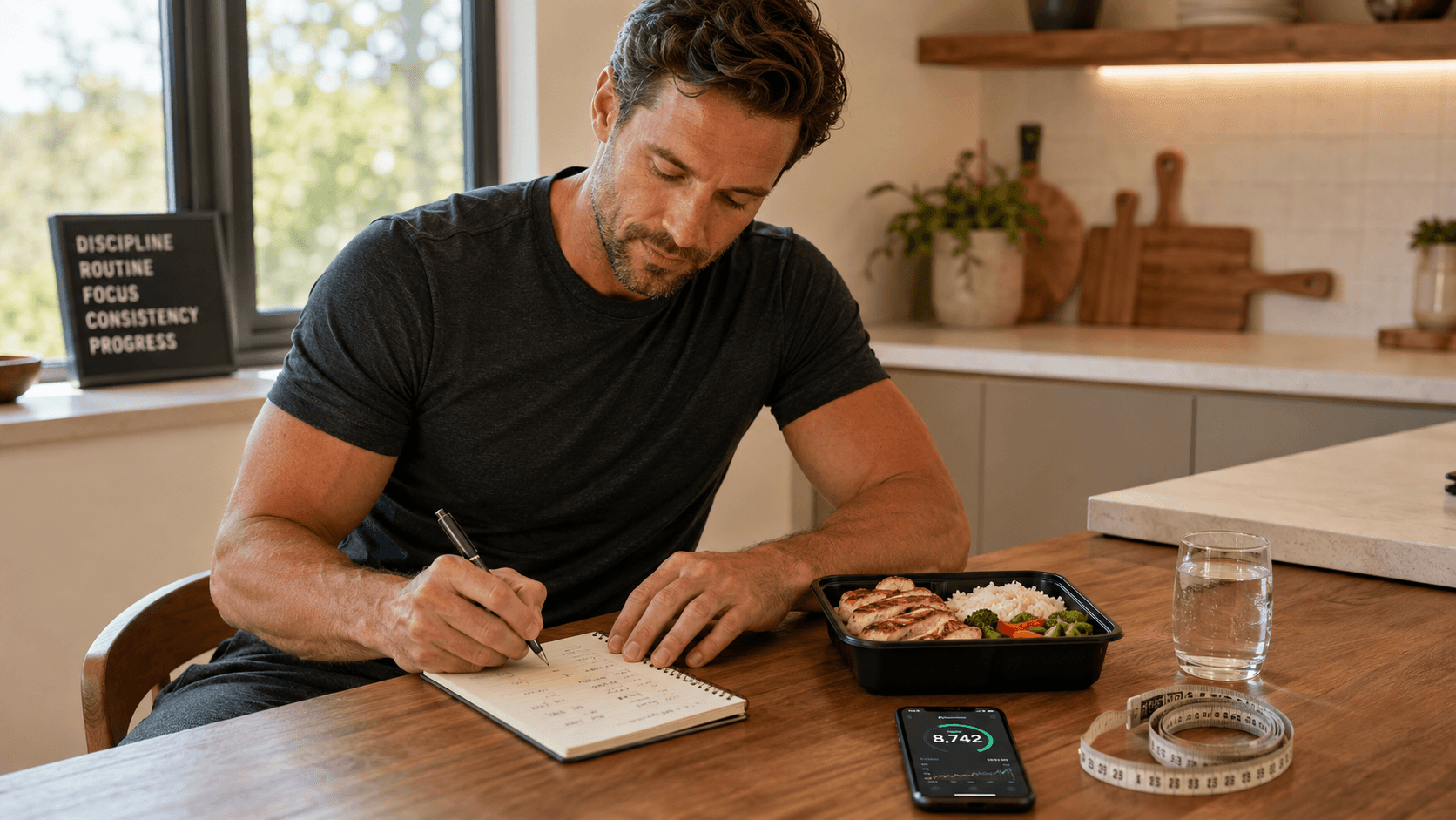 A focused man journaling his training and nutrition data at a kitchen table beside a prepared meal, a step counter, and a tape measure, illustrating the daily discipline behind a structured fat loss phase