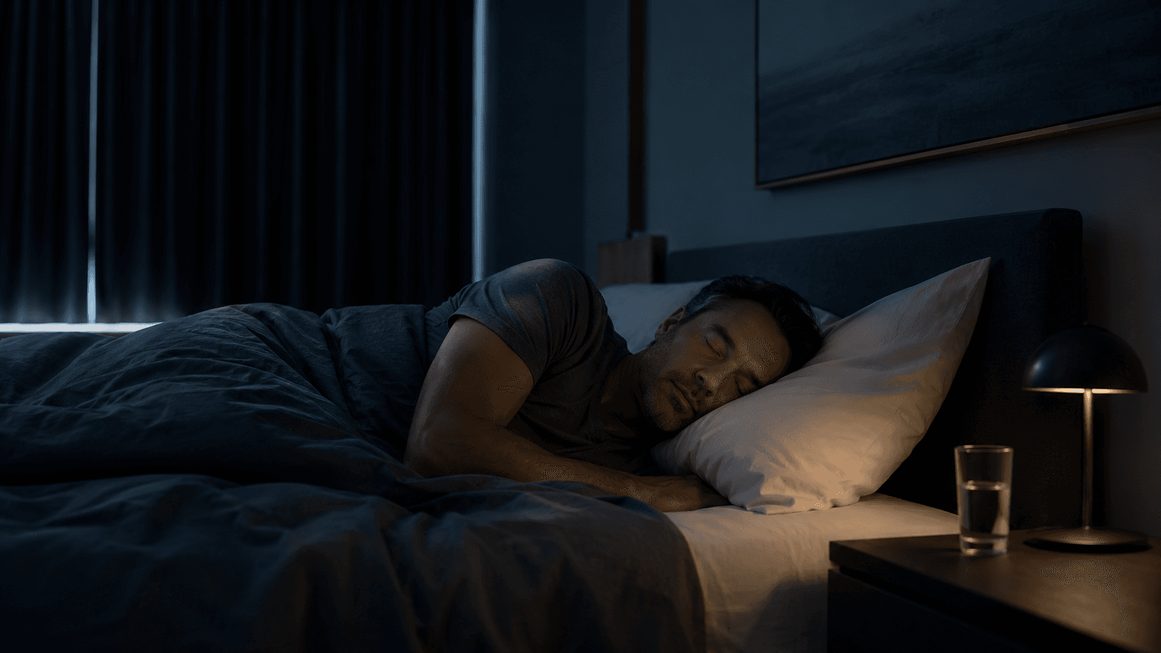 Person sleeping peacefully in a dark, cool bedroom with blackout curtains