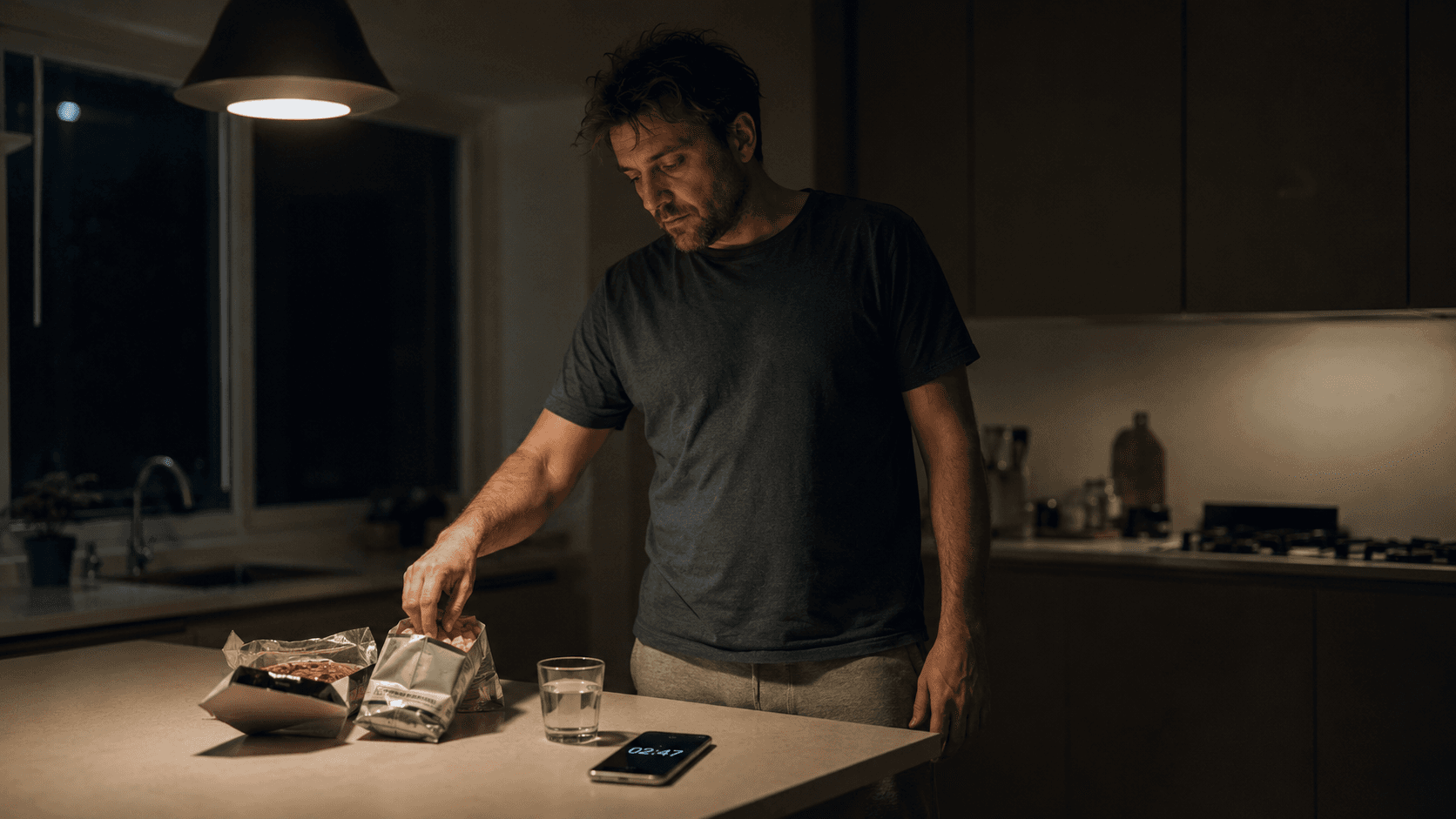 Person reaching for late-night snacks in a kitchen, illustrating the link between poor sleep and overconsumption