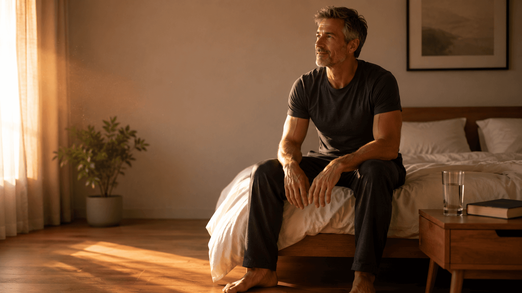A silver-haired man past 40 sitting calmly on the edge of his bed in a sunlit early-morning bedroom, glass of water on the side table — embodying the central message that sleep is the most anabolically active period of the day, and that treating it as optional has a measurable hormonal and physical cost