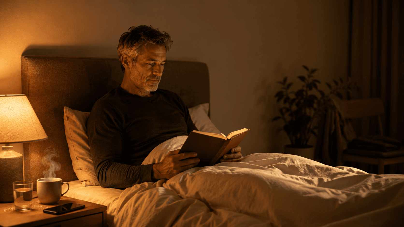 A silver-haired man past 40 reading a physical book in bed under warm bedside lamp light, a steaming mug and a glass of water on the side table, no screens in sight — capturing the layered sleep optimisation protocol in practice: a screen-free wind-down, a cool dim bedroom, a tryptophan-friendly evening drink and a consistent bedtime, working together rather than in isolation
