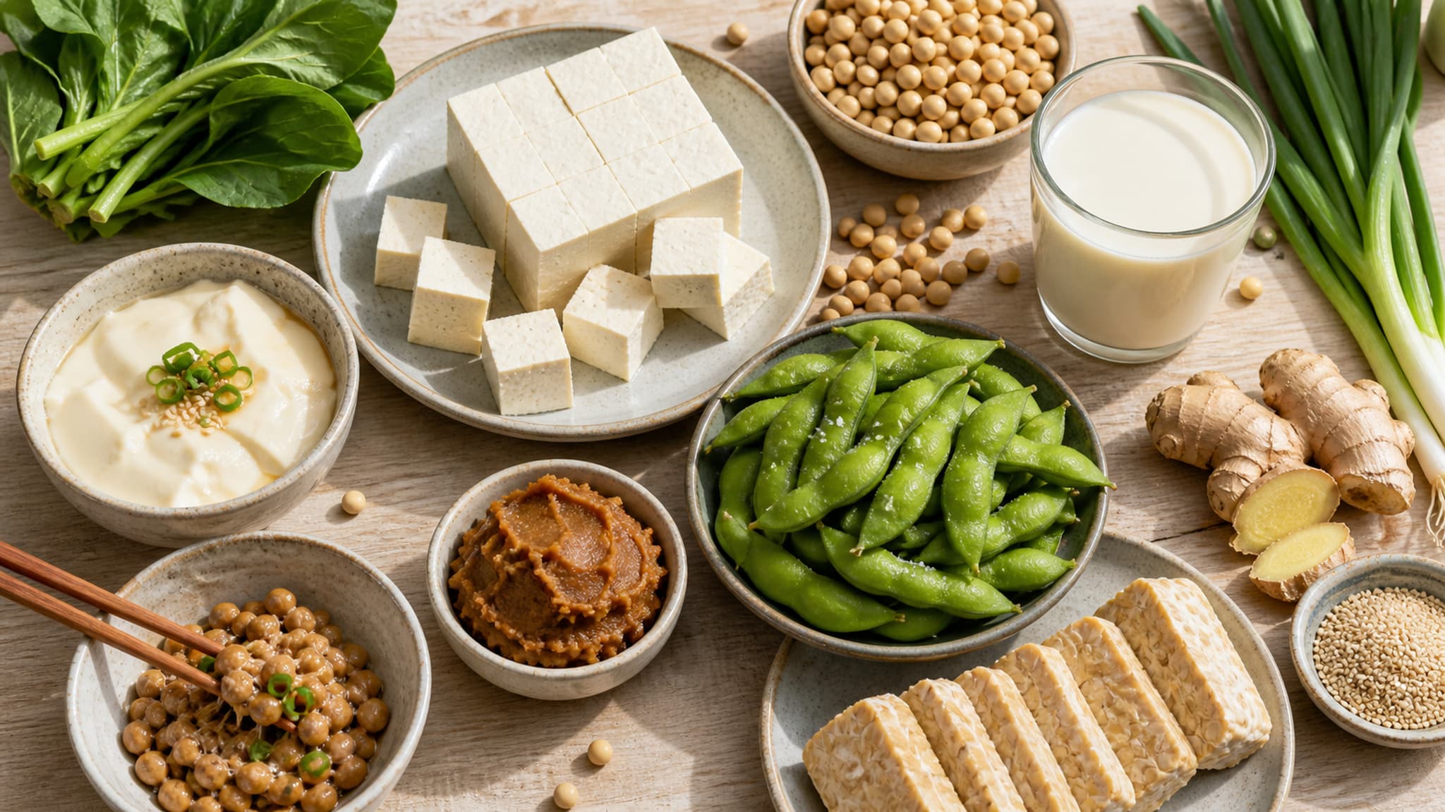 Vibrant flat lay of soy-based foods including tofu, tempeh, edamame, soy milk, miso paste, and whole soybeans