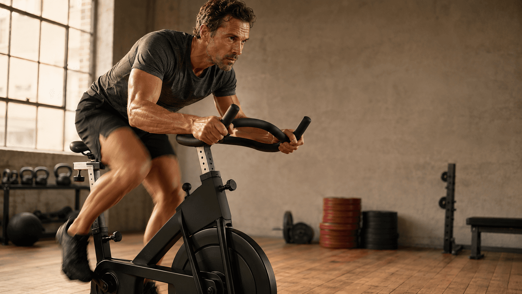 A man out of the saddle on a stationary bike, working hard with focused intensity in a sunlit gym with kettlebells, weight plates and a bench in the background — the everyday image behind the question this article answers: is the stationary bike a waste of your time, or a genuinely useful training tool?