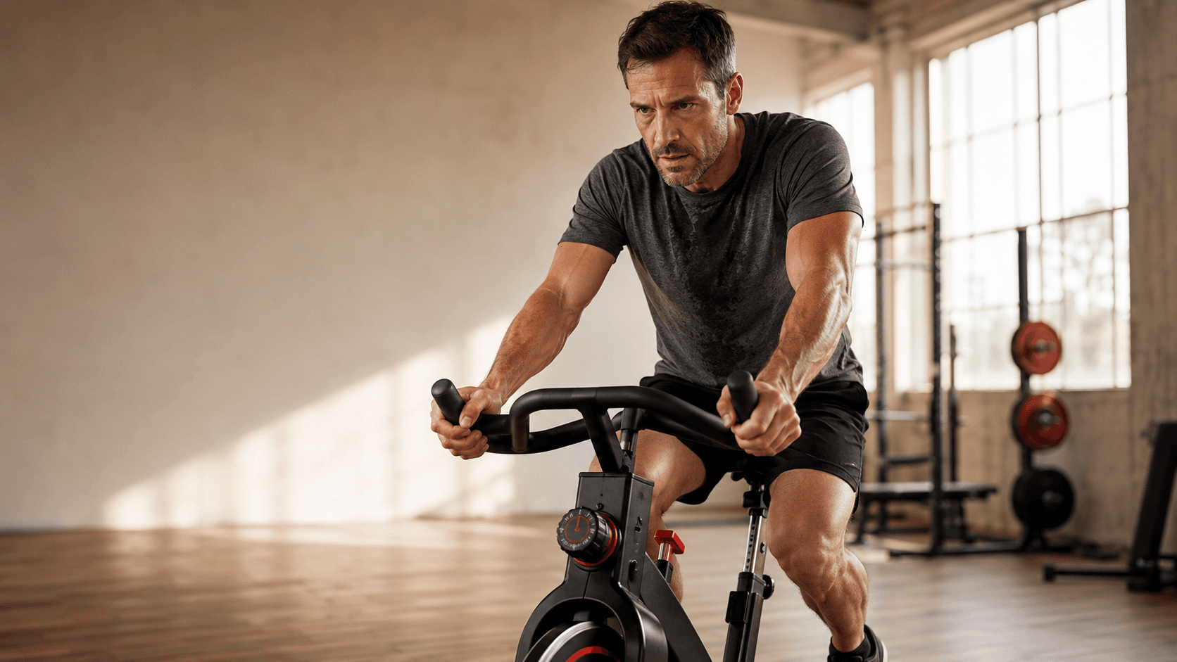 A focused rider gripping the bars of a stationary bike with the resistance dialled up, jaw set in concentration — the opposite of the distracted, phone scrolling sit and pedal session described in the table above, and the standard the article is calling readers up to