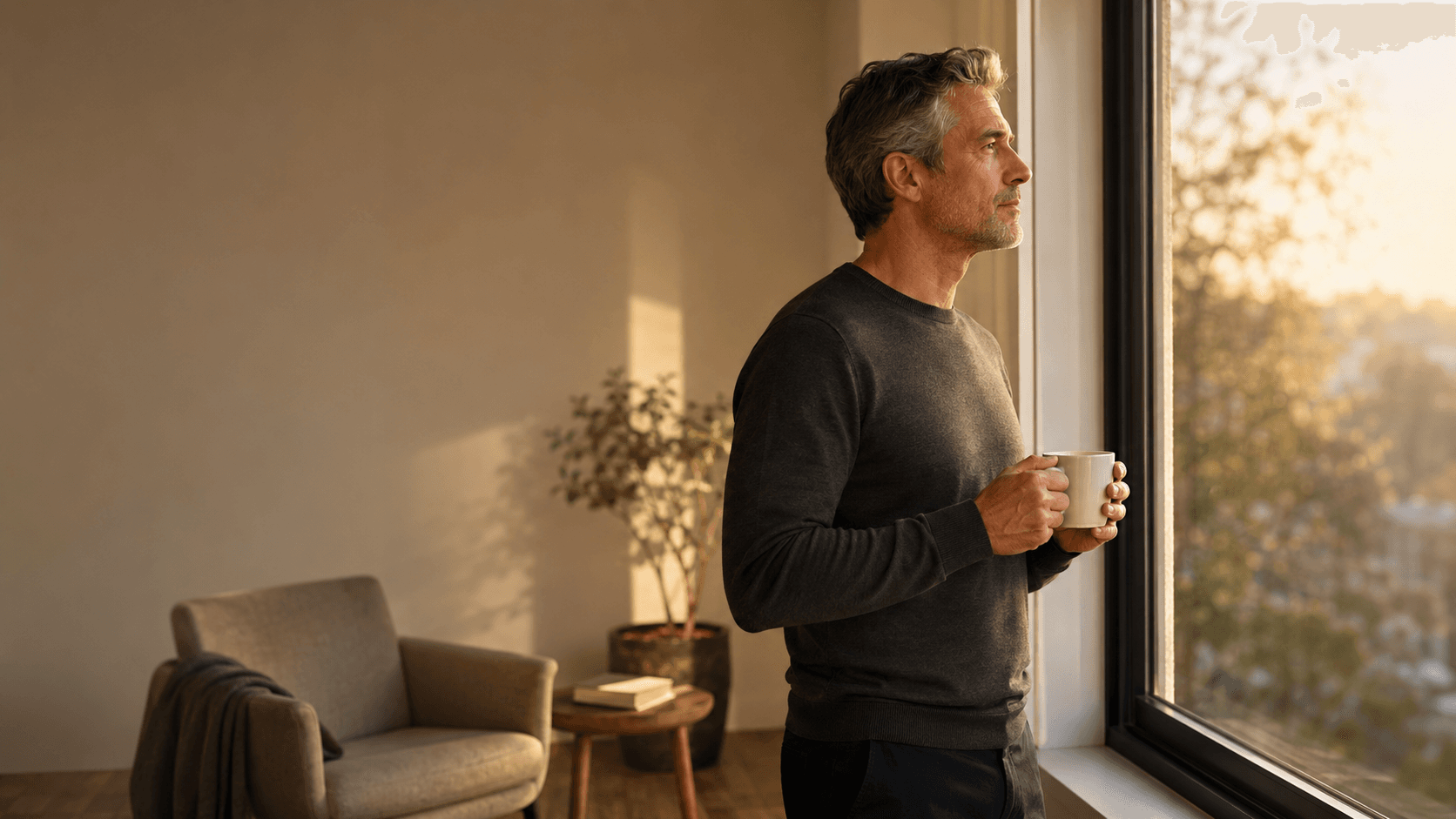 A silver-haired man past 40 standing quietly by a window at golden hour holding a coffee mug, looking out and pausing — embodying the central message that managing the male stress response is about deliberate, daily disengagement from the never-fully-resolved demands of modern life, not just more training