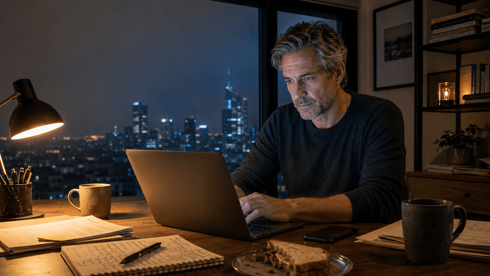 A silver-haired professional man working late at night on a laptop at his home desk, city skyline glittering through the window behind him, half-eaten plate and coffee mug pushed aside — capturing the chronic, never-fully-resolved professional stress that quietly drives elevated cortisol, visceral fat and impaired recovery in men who appear to be doing everything right