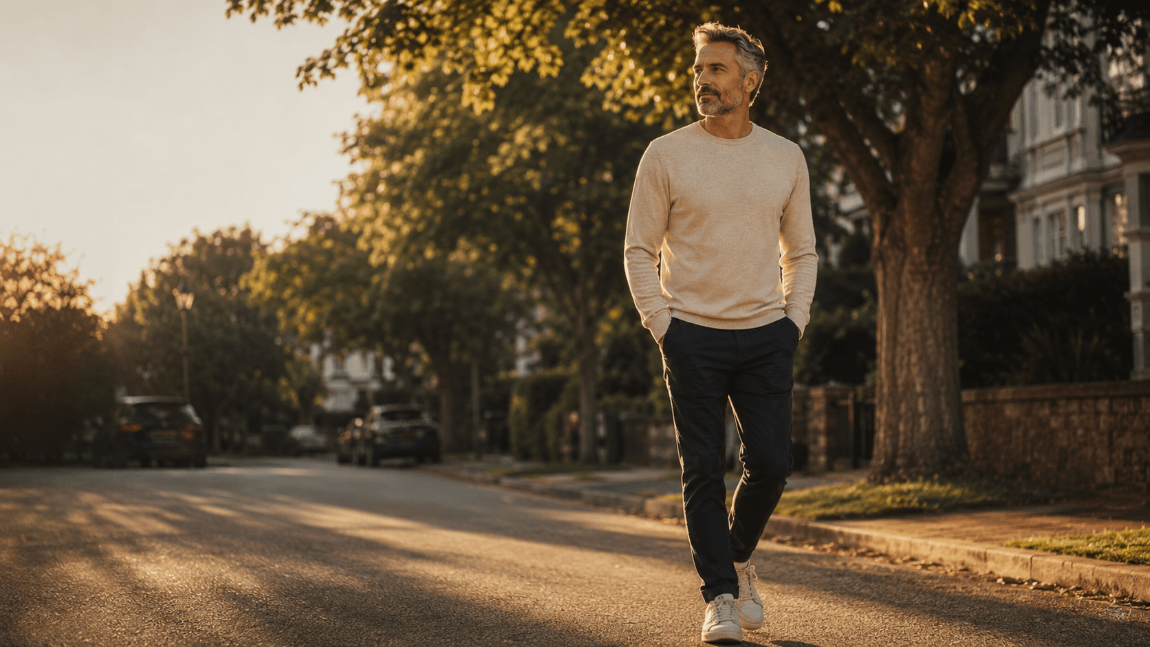 A silver-haired man walking calmly down a tree-lined residential street at golden hour, hands in pockets, unhurried — illustrating the active stress recovery that, for chronically stressed men, often produces better body composition results than another training session: deliberate disengagement, daylight and gentle movement that allow cortisol to fall instead of stack
