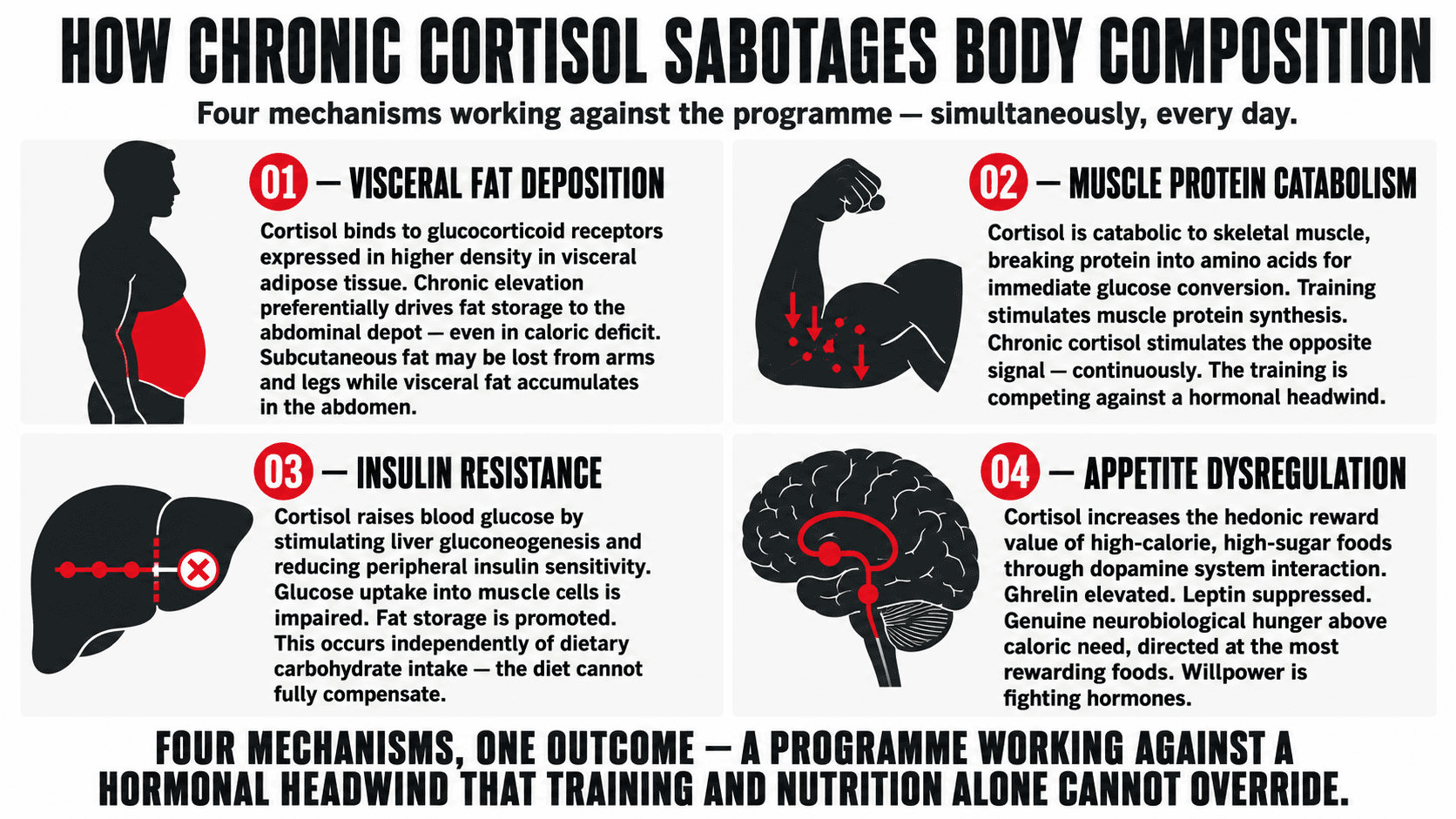 An anatomical diagram illustrating the four mechanisms through which chronically elevated cortisol impairs body composition
