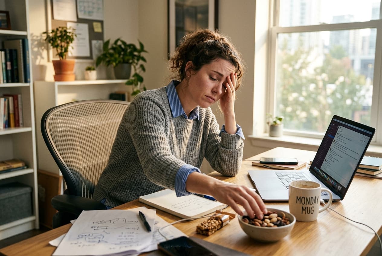 A person at a desk looking stressed and tired mid-afternoon, reaching towards a snack