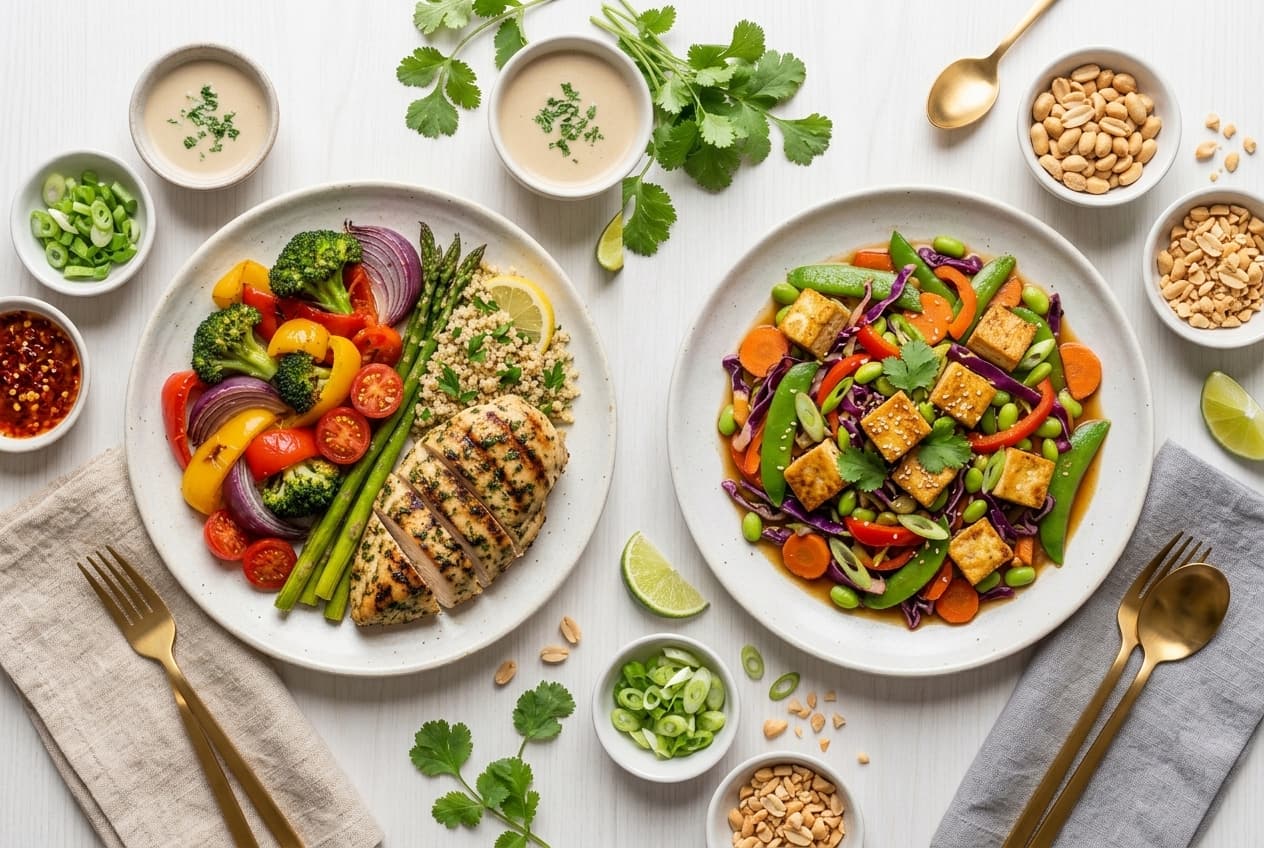 A balanced high-protein meal with grilled chicken breast and colourful vegetables