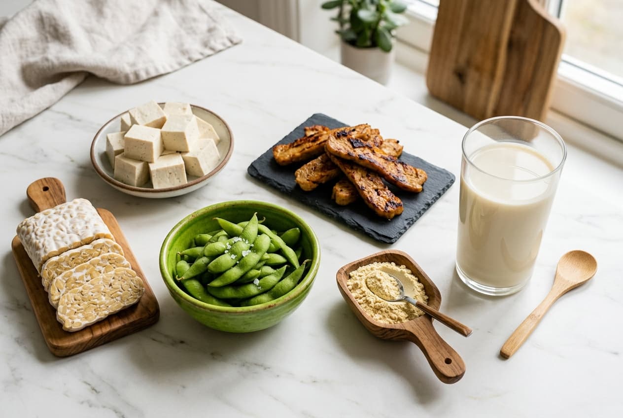 Plant-based protein sources including tofu and vegetables arranged in a bowl