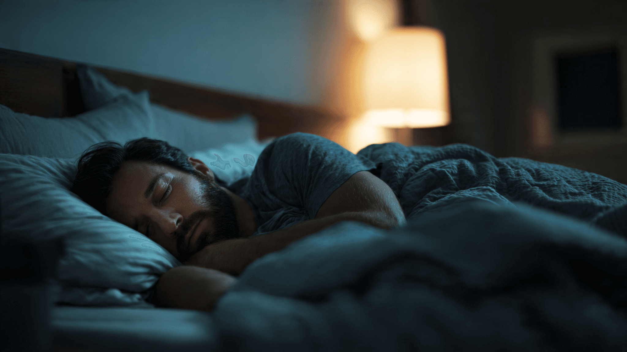 A person sleeping peacefully in a dark bedroom